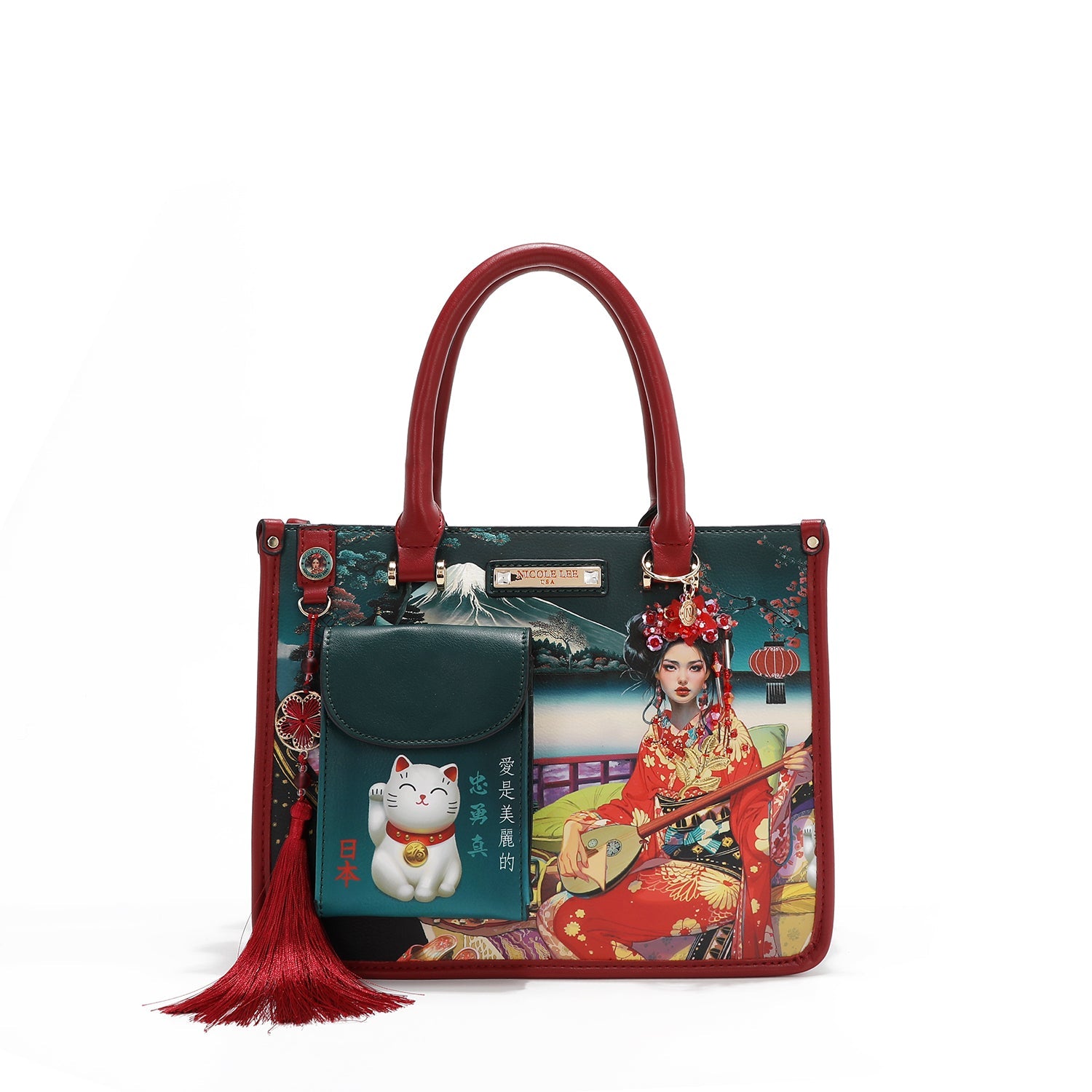 Akiko La Belleza Handbag with Front Lucky Cat Pocket, Embellished