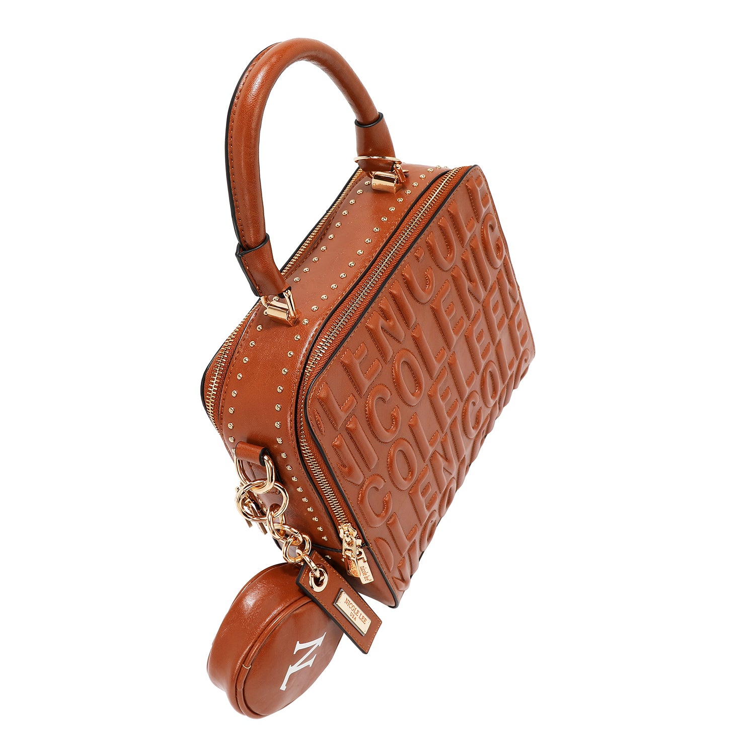 BOLSO DE MANO CUADRADO CON LOGOTIPO EN RELIEVE (MARRON)