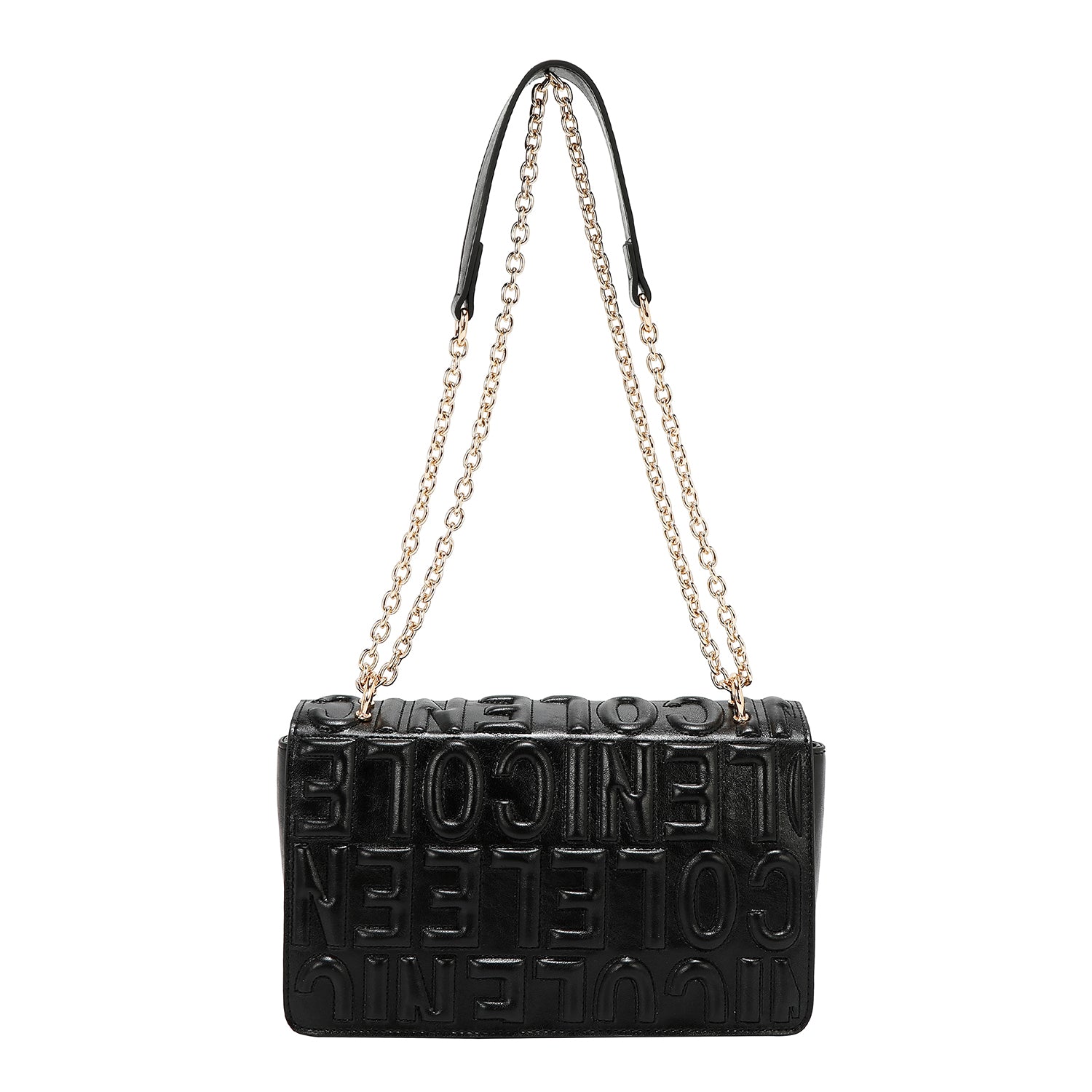 SHOULDER BAG WITH CHAIN AND EMBOSSED LOGO (BLACK)