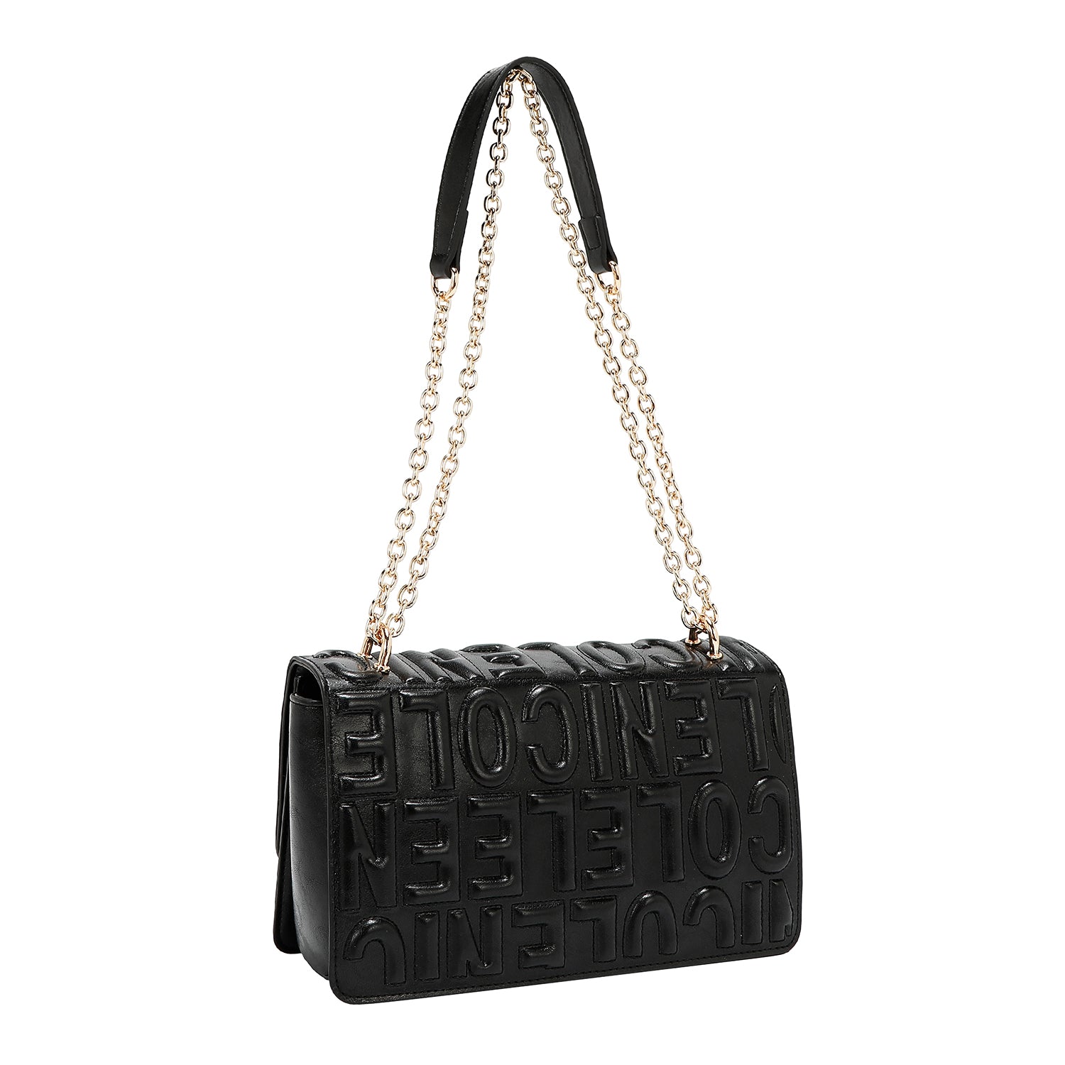 SHOULDER BAG WITH CHAIN AND EMBOSSED LOGO (BLACK)