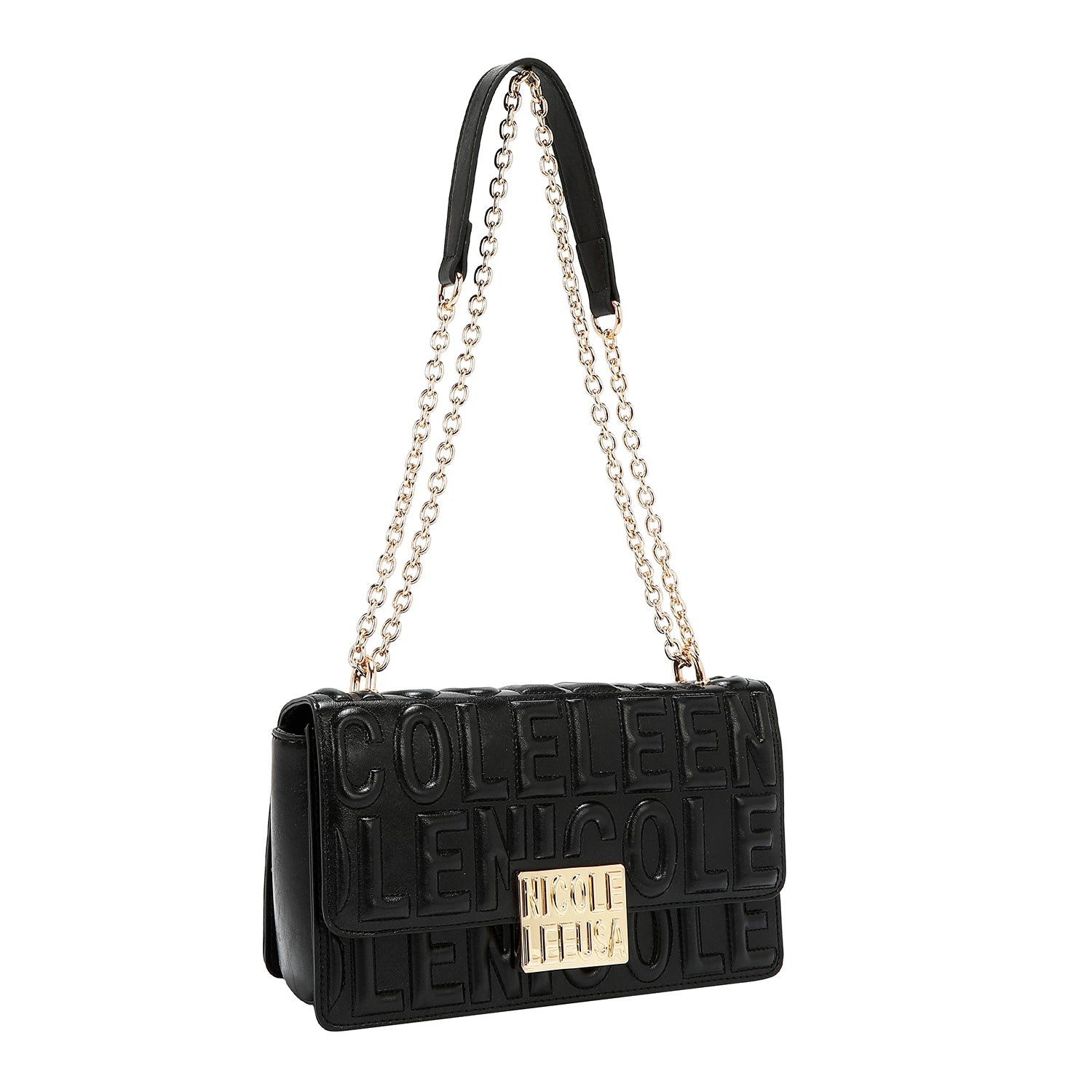 SHOULDER BAG WITH CHAIN AND EMBOSSED LOGO (BLACK)