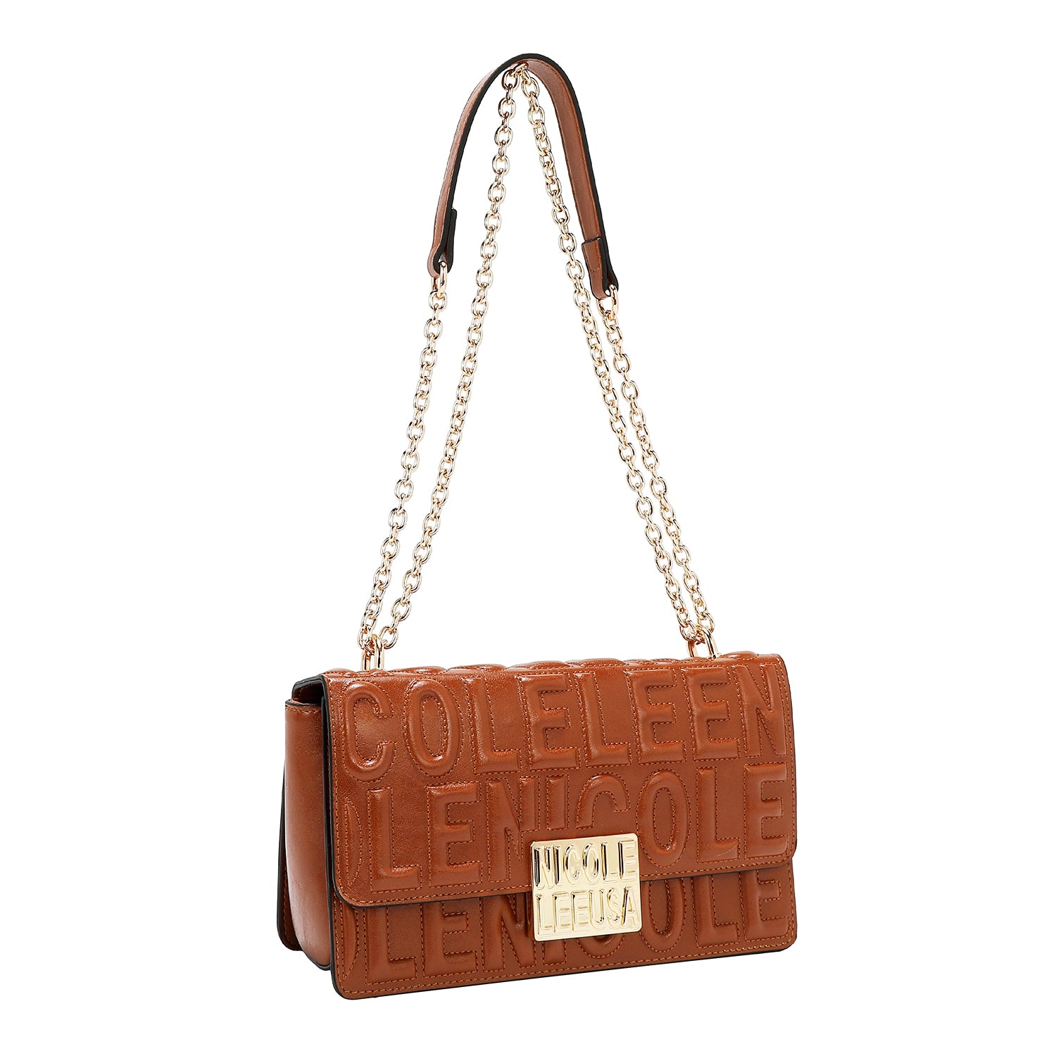 BOLSO DE HOMBRO CON CADENA Y LOGO EN RELIEVE (MARRON)