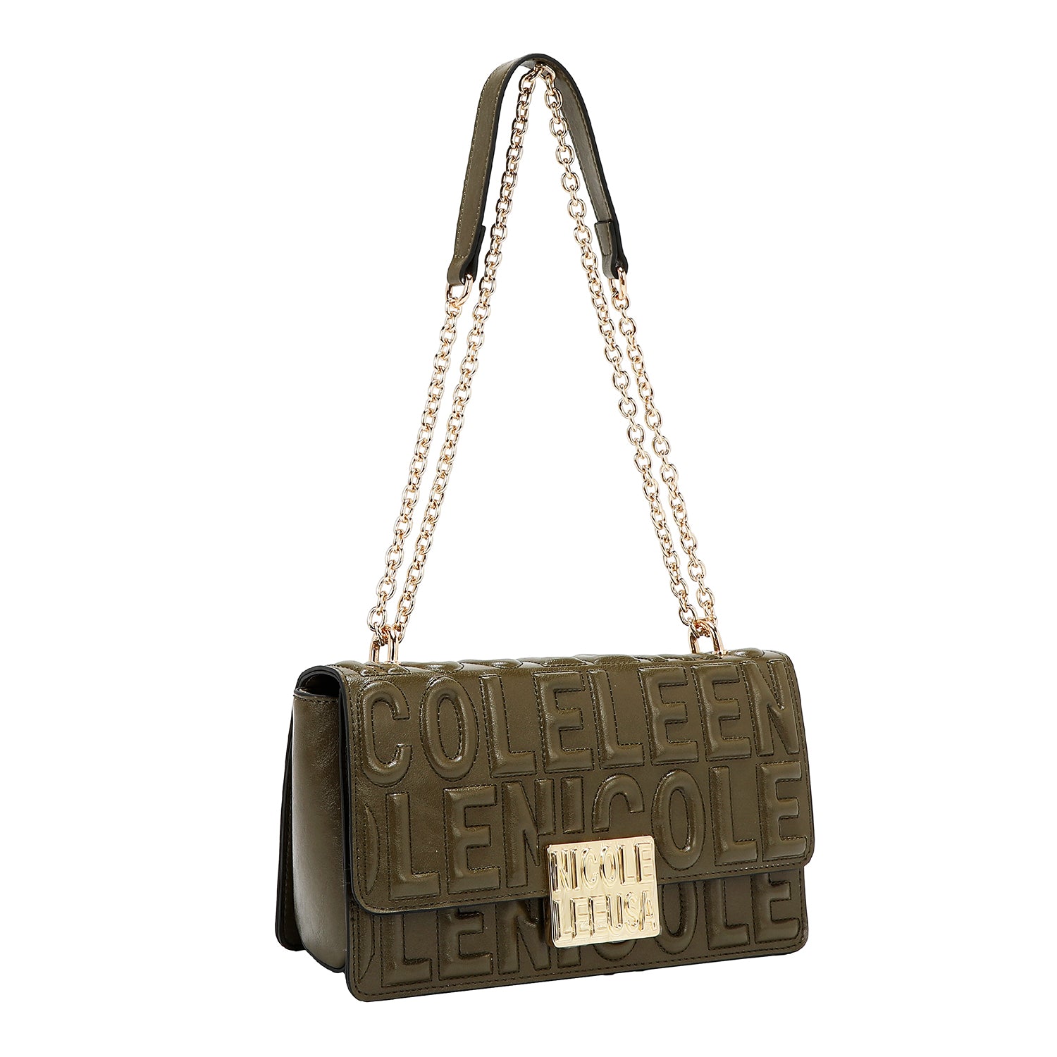 BOLSO DE HOMBRO CON CADENA Y LOGO EN RELIEVE (OLIVA)
