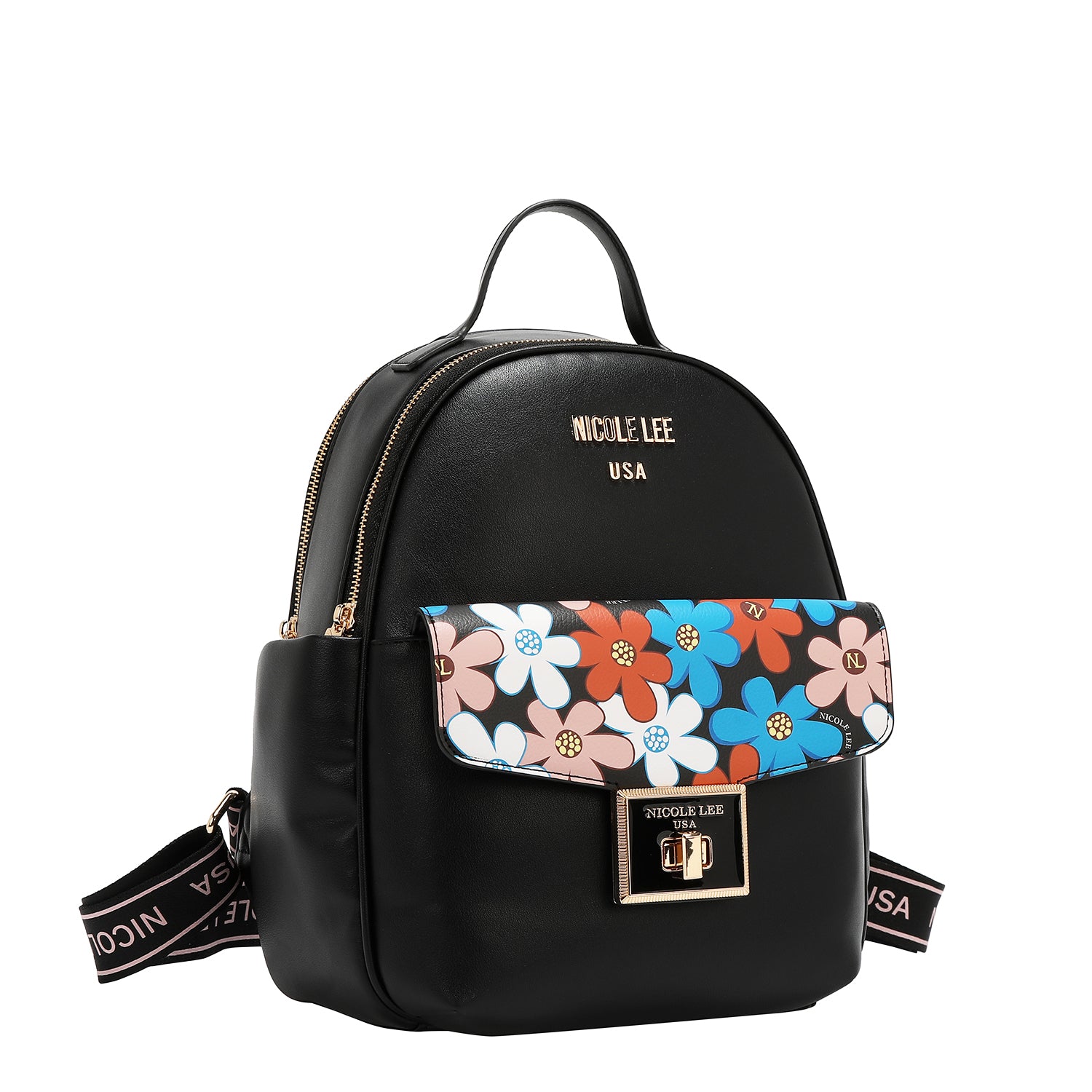 Rucksack mit blumiger Popklappe (schwarz)