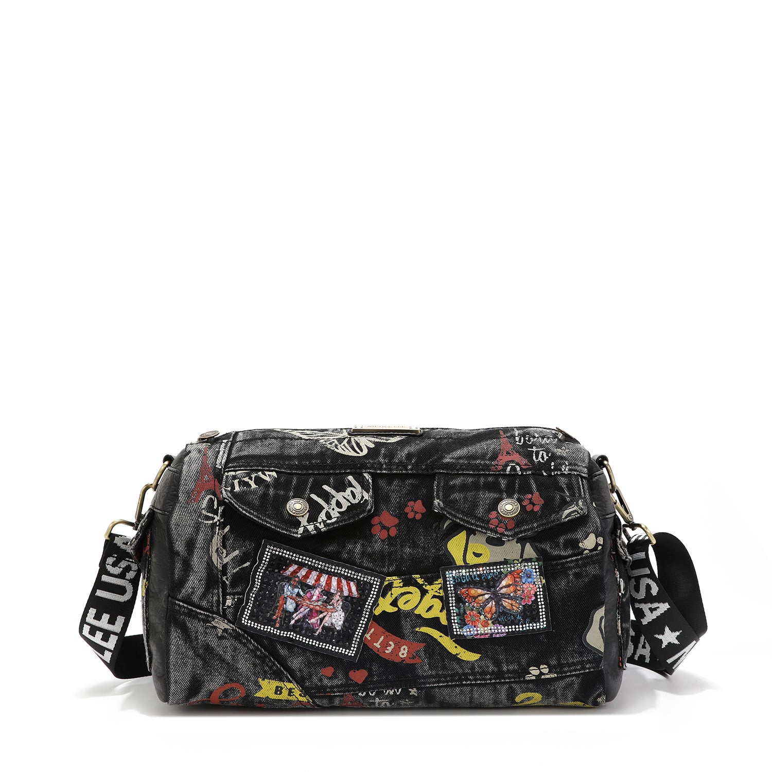 Messenger-Umhängetasche aus grauem Denim-Stoff