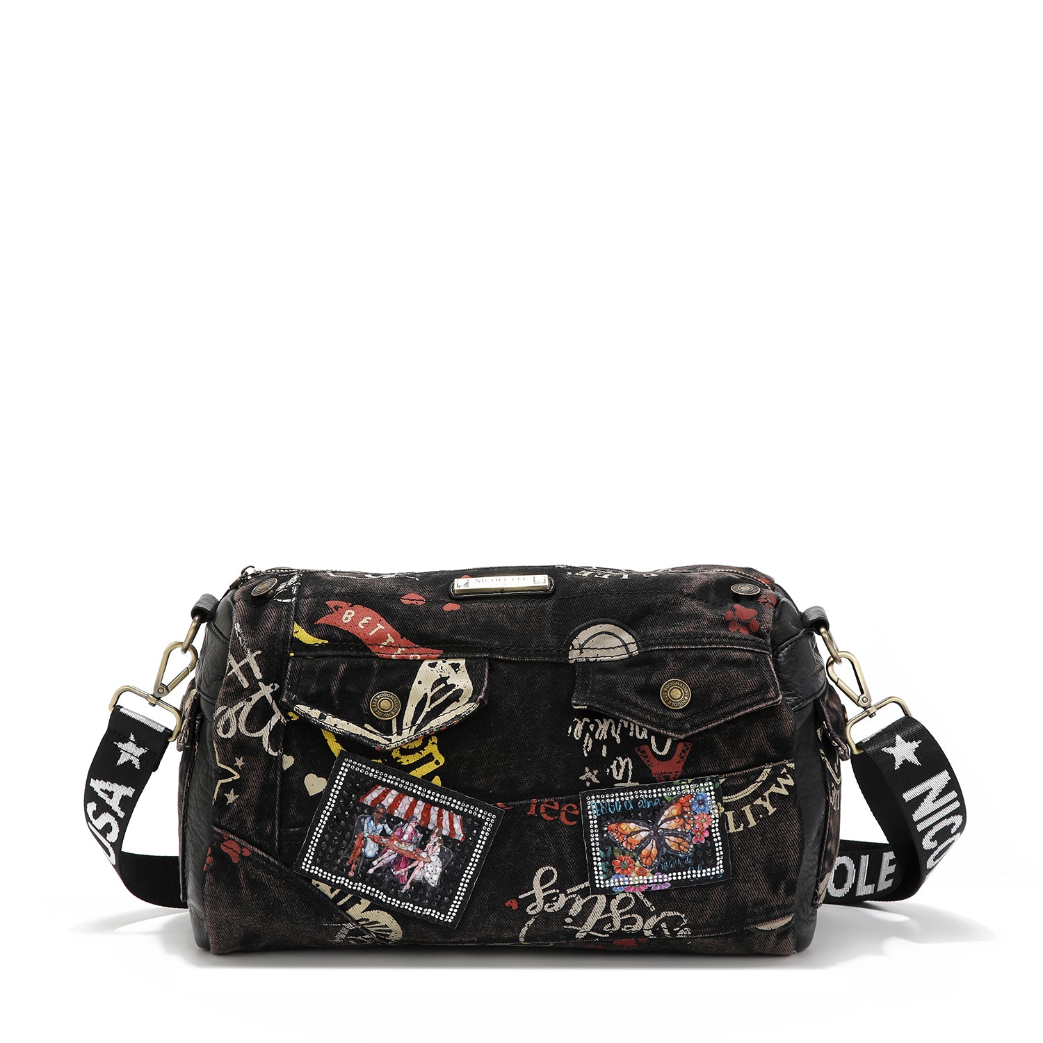 BRAUNE DENIM-STOFF-BOGEN-UMHÄNGETASCHE