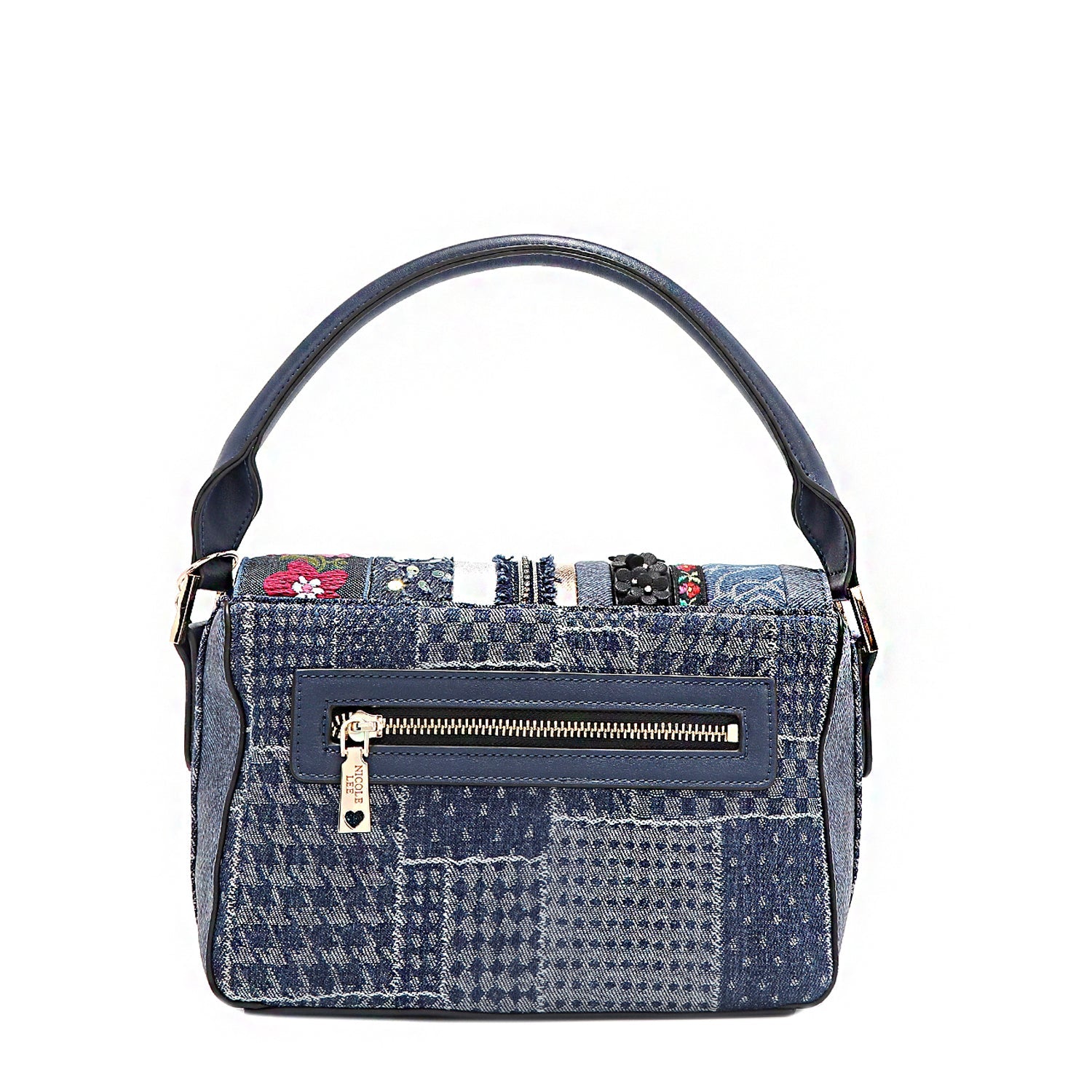 BOLSO CON SOLAPA Y PARCHE FLORAL (AZUL)