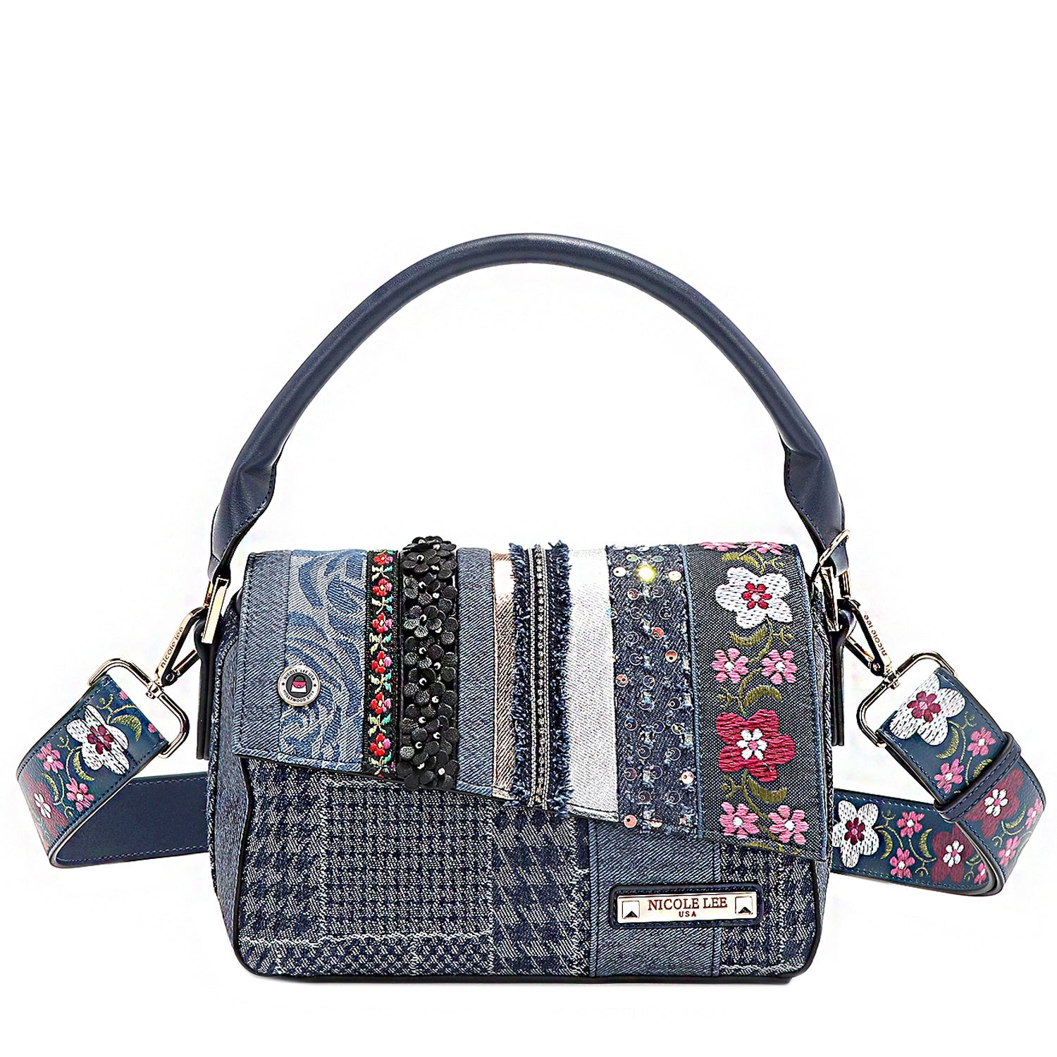 BOLSO CON SOLAPA Y PARCHE FLORAL (AZUL)