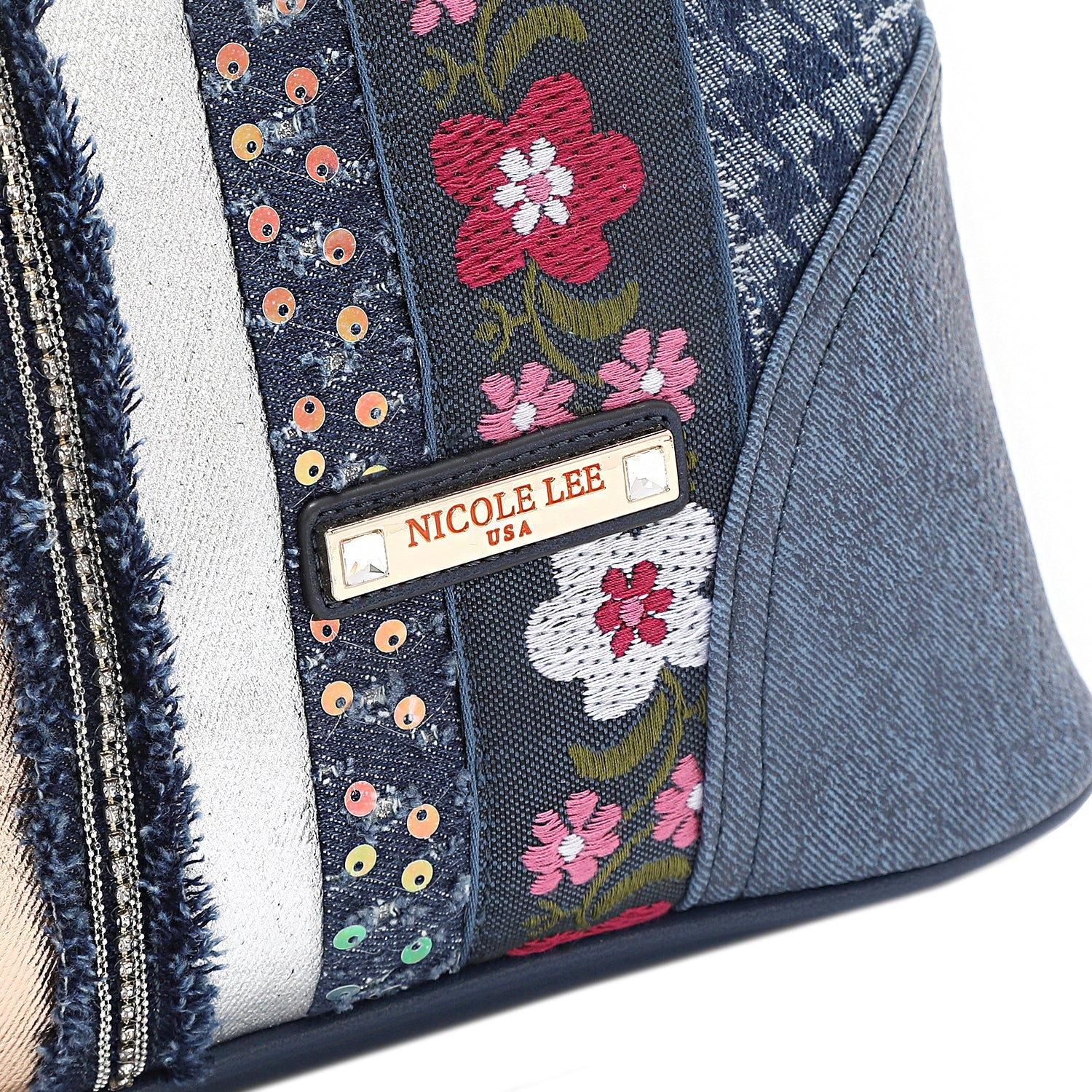 SACO SATCHEL DOME COM PATCH FLORAL (AZUL)