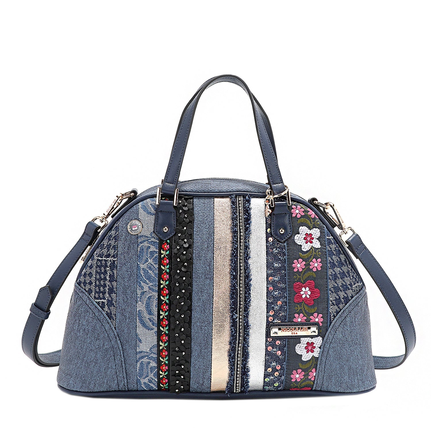 SACO SATCHEL DOME COM PATCH FLORAL (AZUL)