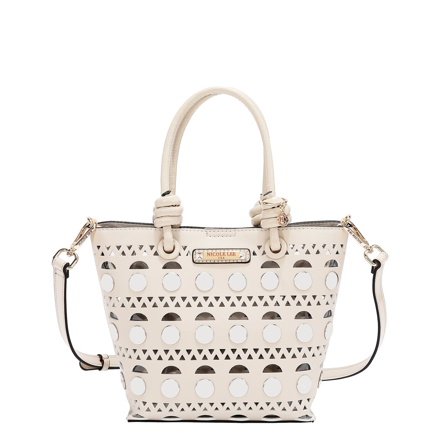 BOLSO DE CUBO DE 2 PIEZAS CON REMACHES PLATEADOS (BEIGE)