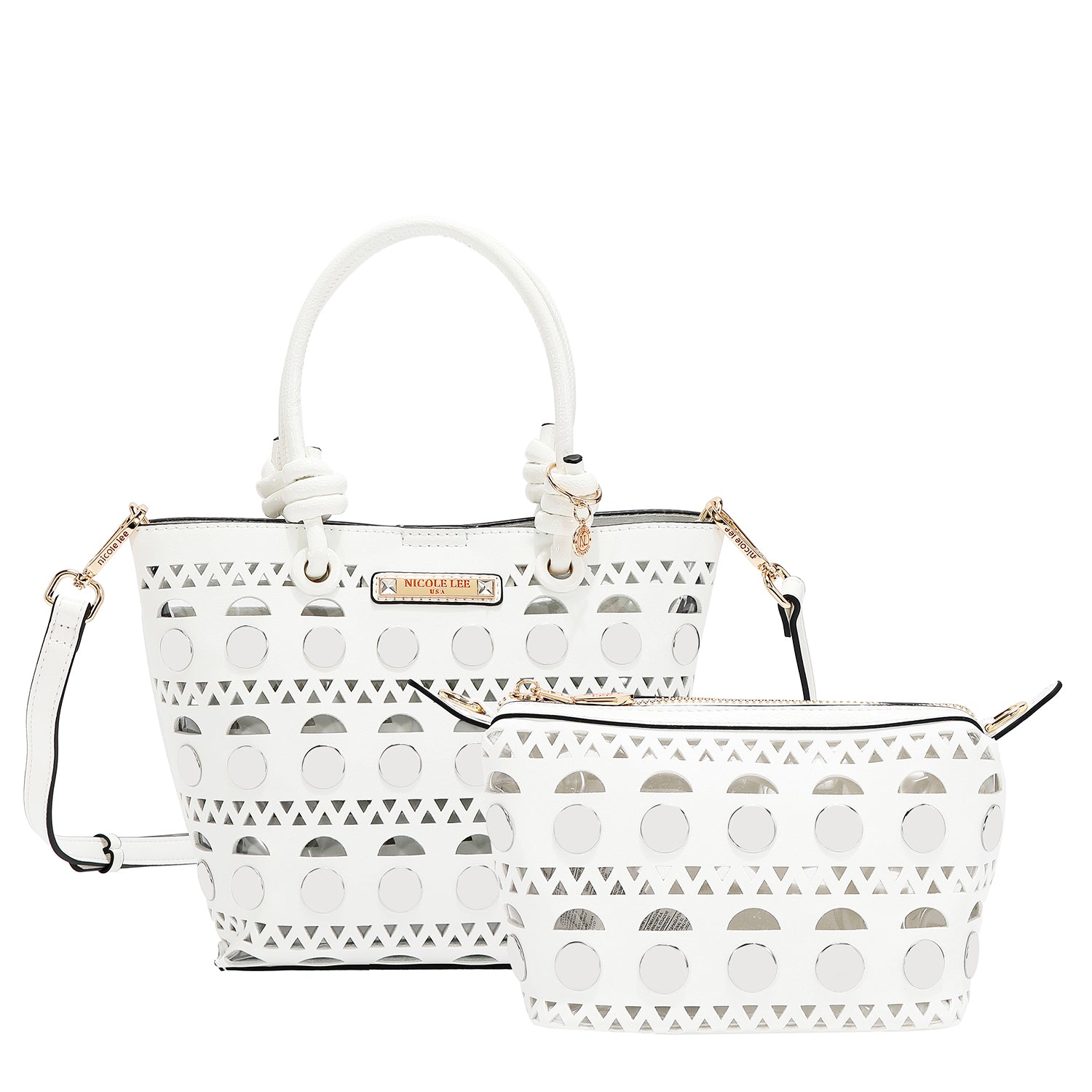 BOLSO DE CUBO DE 2 PIEZAS CON REMACHES PLATEADOS (BLANCO)