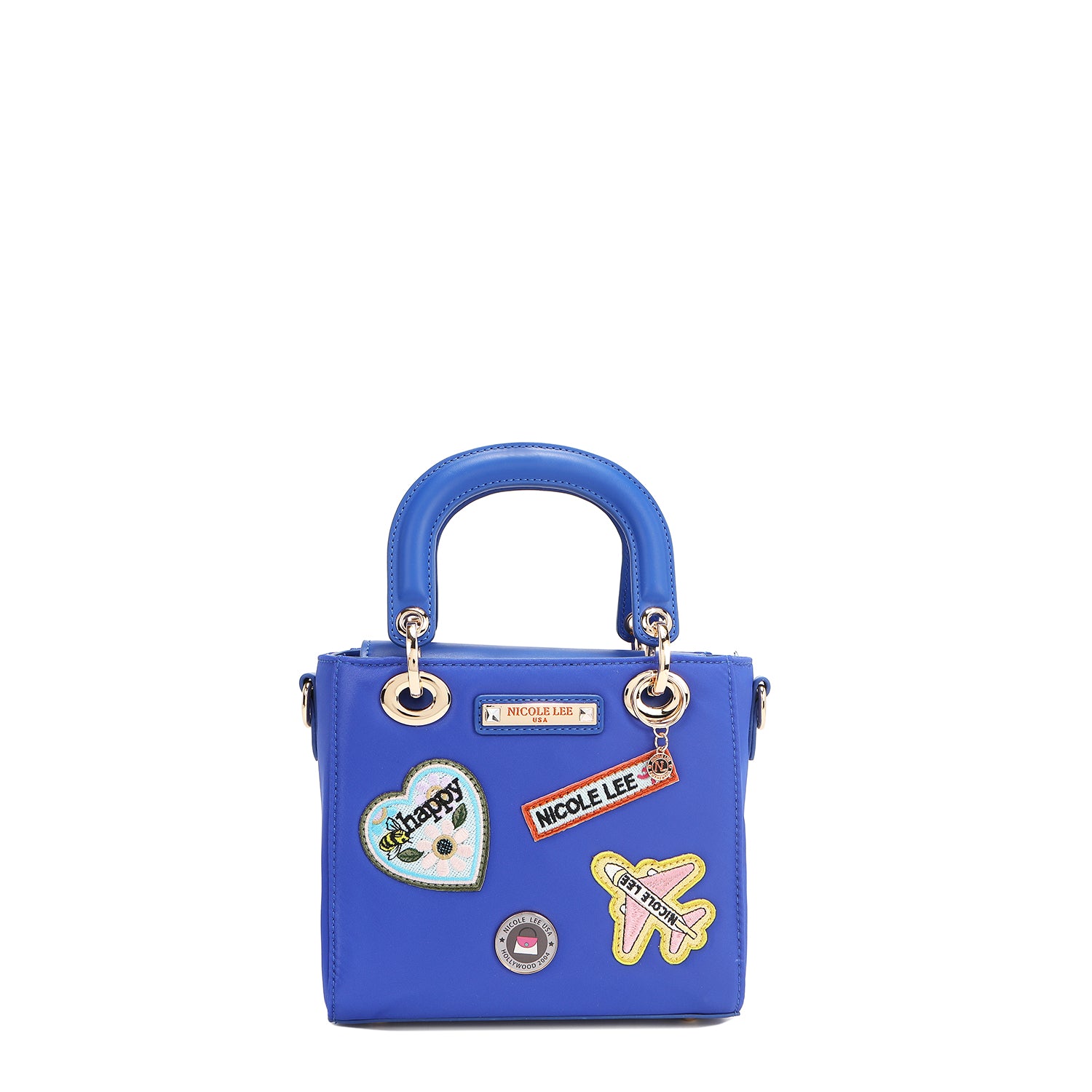 BOLSO DE MANO CON PARCHES DE COLORES (AZUL)