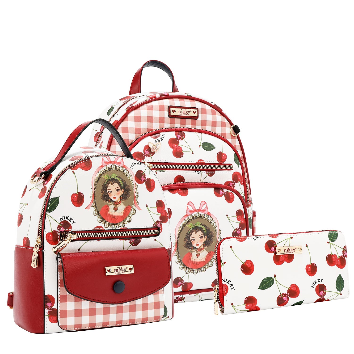 CONJUNTO DE 3 PIEZAS (MOCHILA, MOCHILA PEQUEÑA Y CARTERA) (CHERRY LIPS-WHITE)