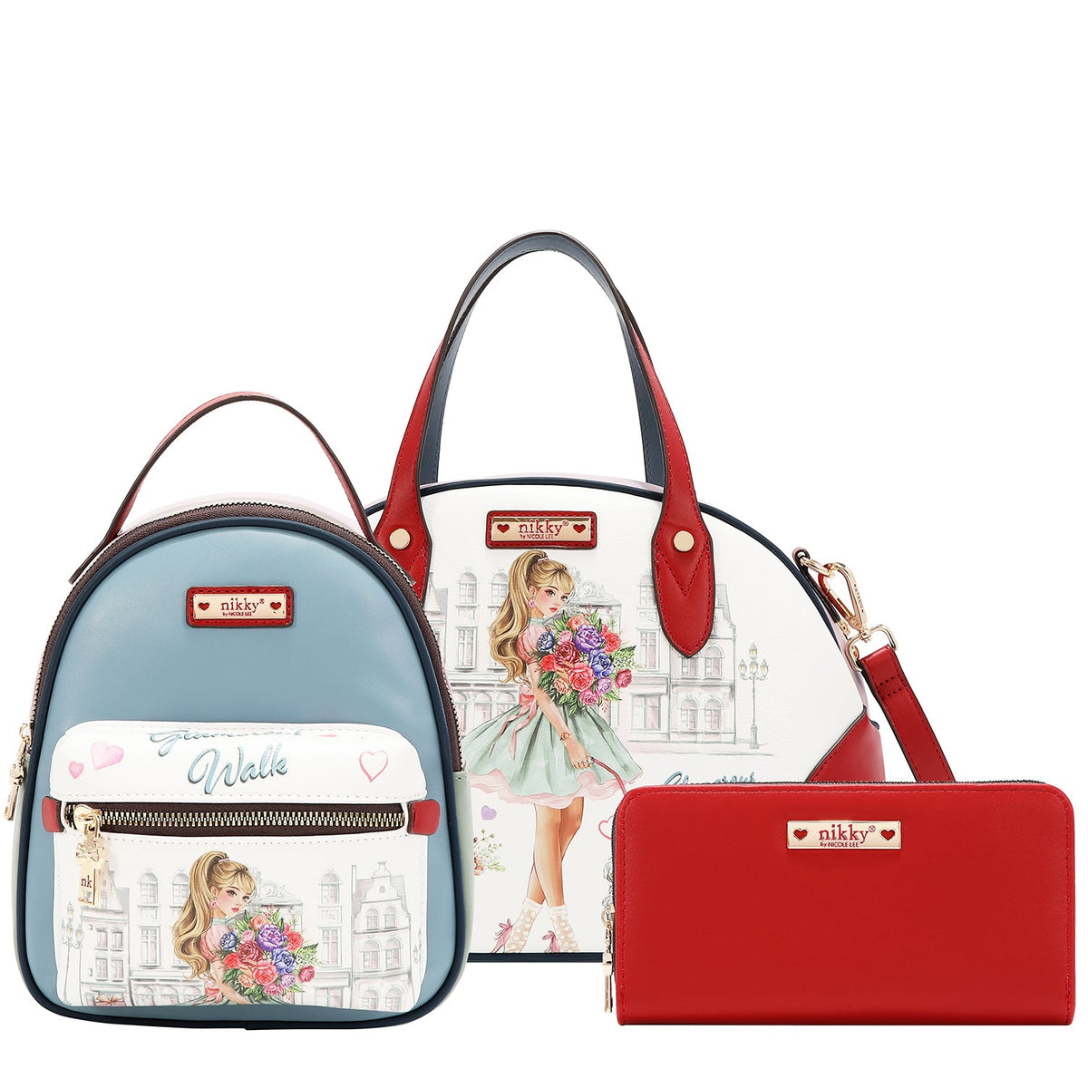 CONJUNTO DE 3 PIEZAS (BOLSO SATCHEL, MINI MOCHILA, CARTERA) (GLAMOROUS WALK - BLANCO)