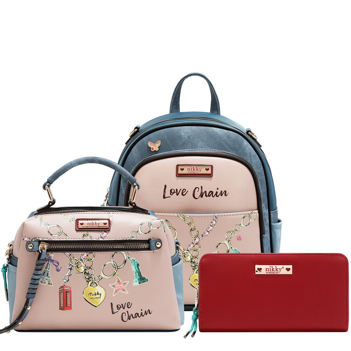 CONJUNTO DE 3 PIEZAS (MOCHILA, BANDOLERA, CARTERA) (LOVE CHAIN)