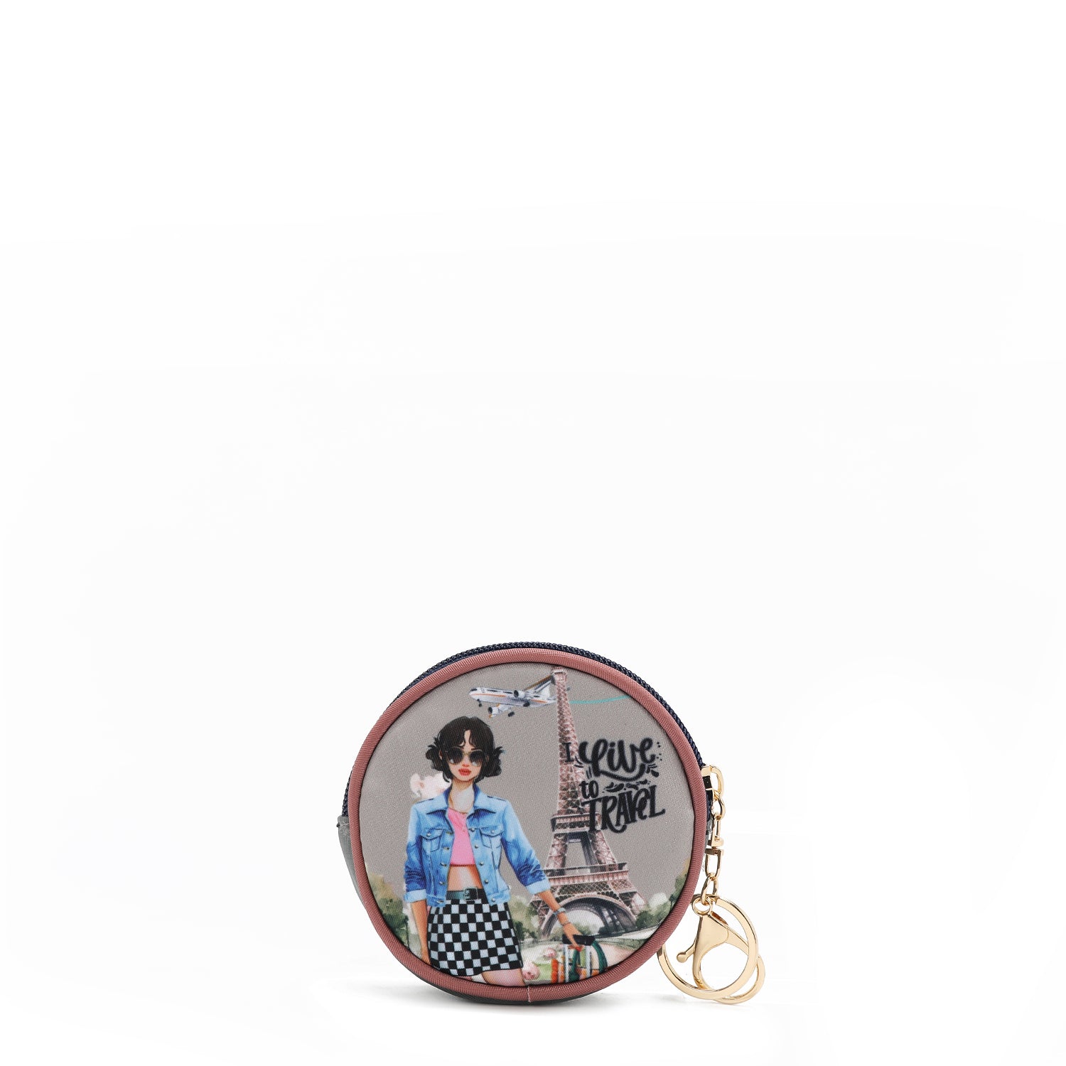 KEYCHAIN WITH ROUND COIN PURSE (<tc>I LIVE TO TRAVEL</tc>)