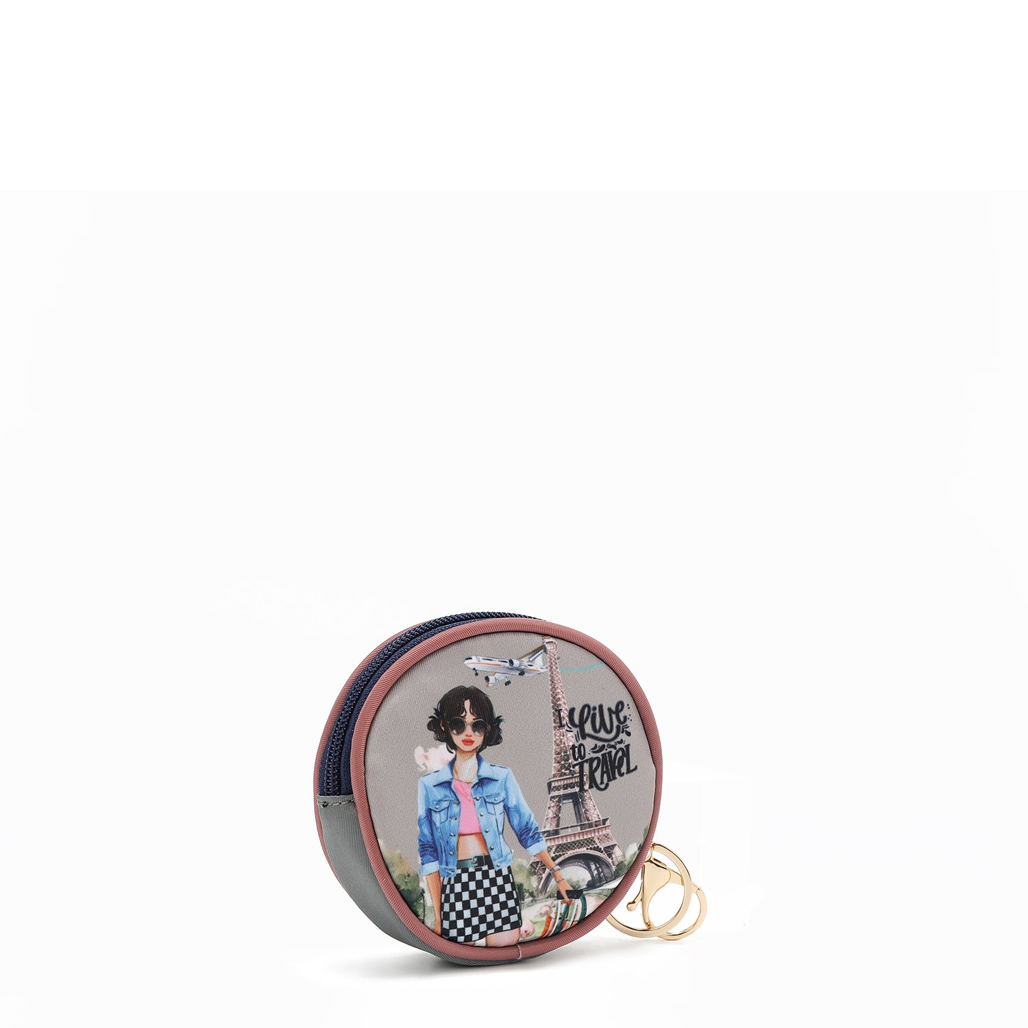 KEYCHAIN WITH ROUND COIN PURSE (<tc>I LIVE TO TRAVEL</tc>)