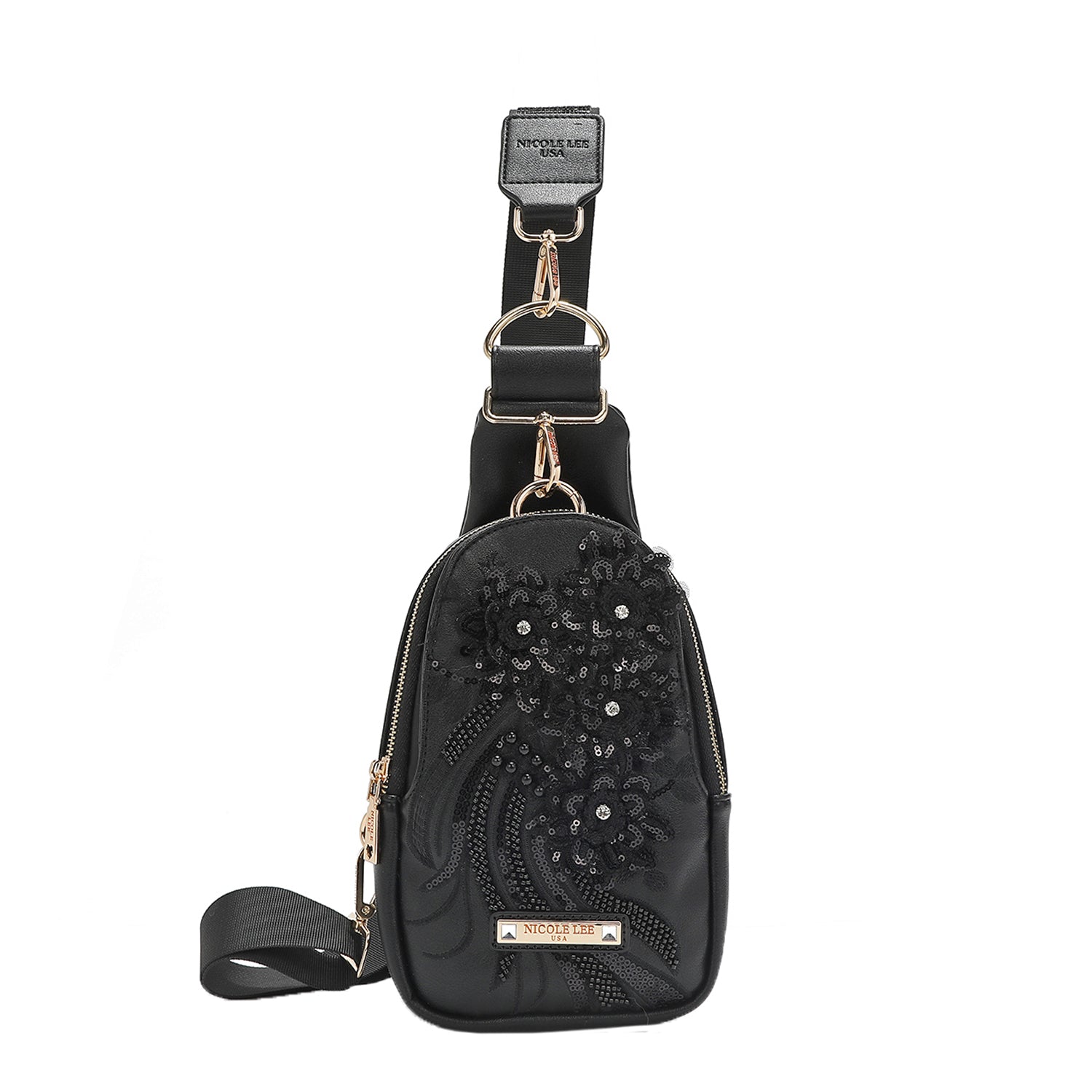 Flower Sequin Sling Bag, Black Vegan Leather with Interior
