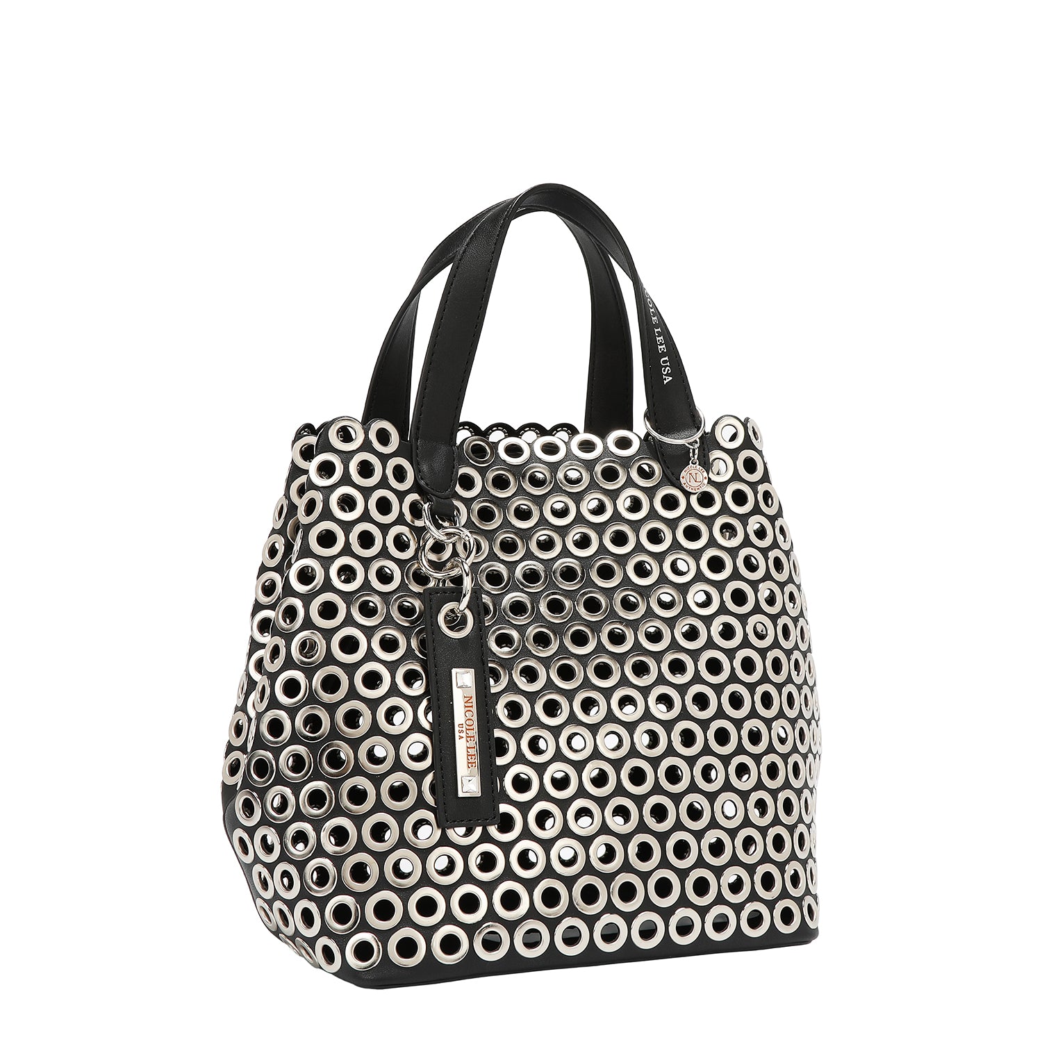 BOLSO SATCHEL CON BORDE DE OJALES (NEGRO)
