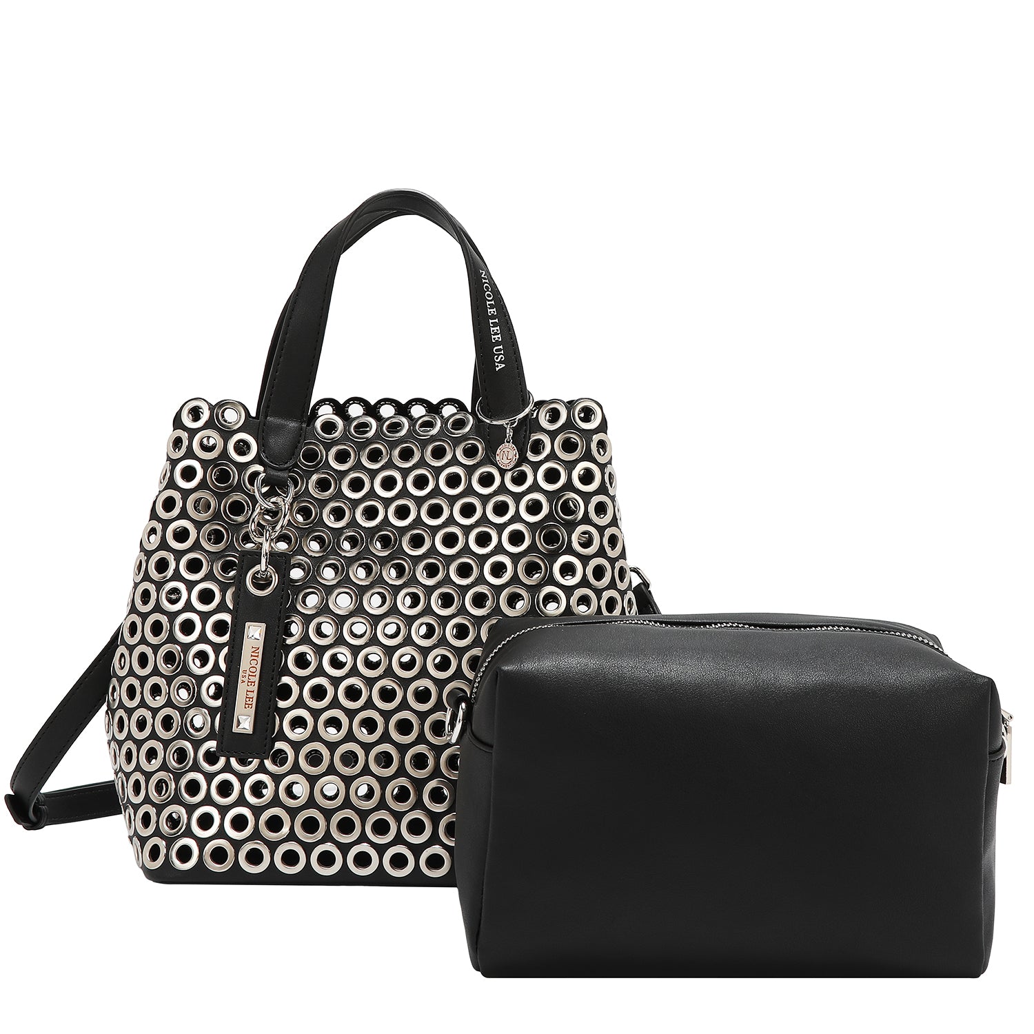 BOLSO SATCHEL CON BORDE DE OJALES (NEGRO)