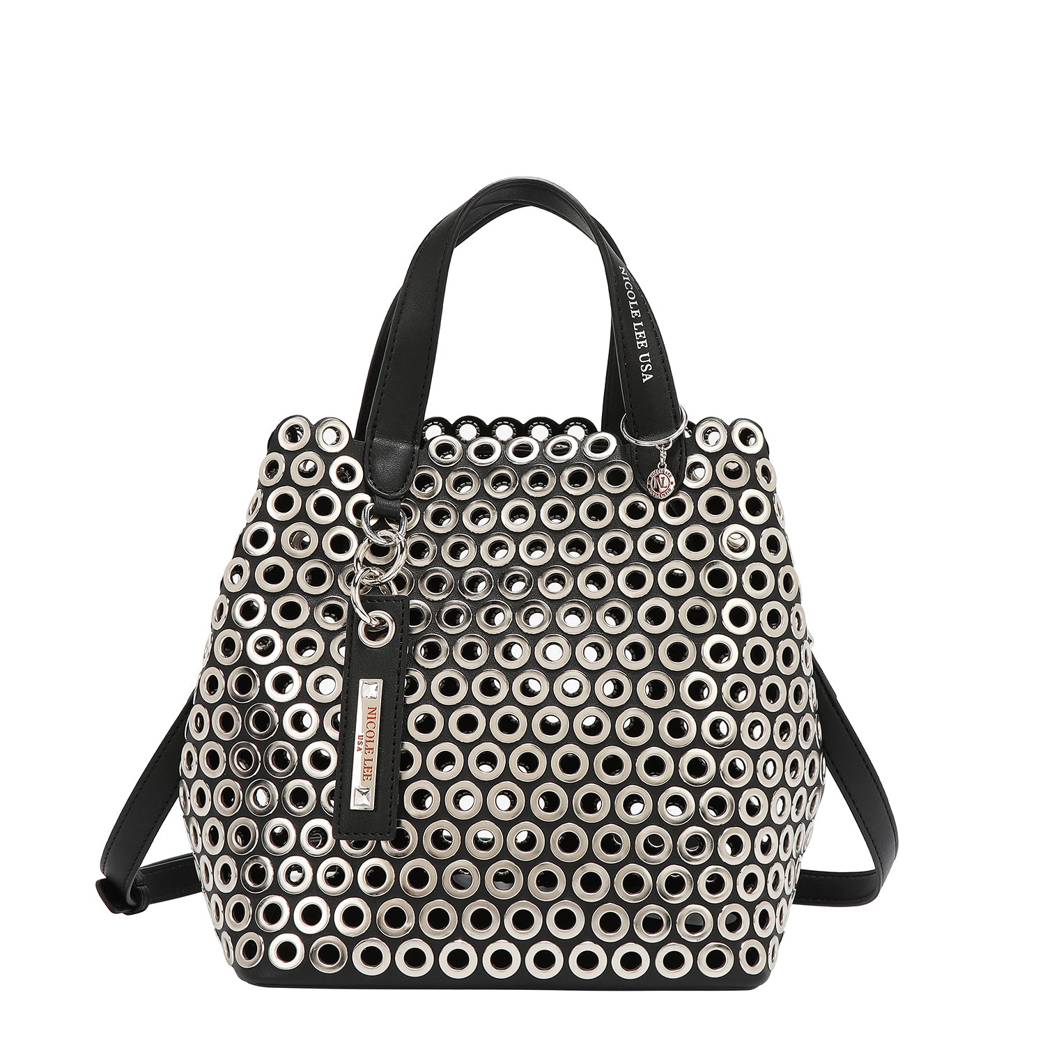 BOLSO SATCHEL CON BORDE DE OJALES (NEGRO)