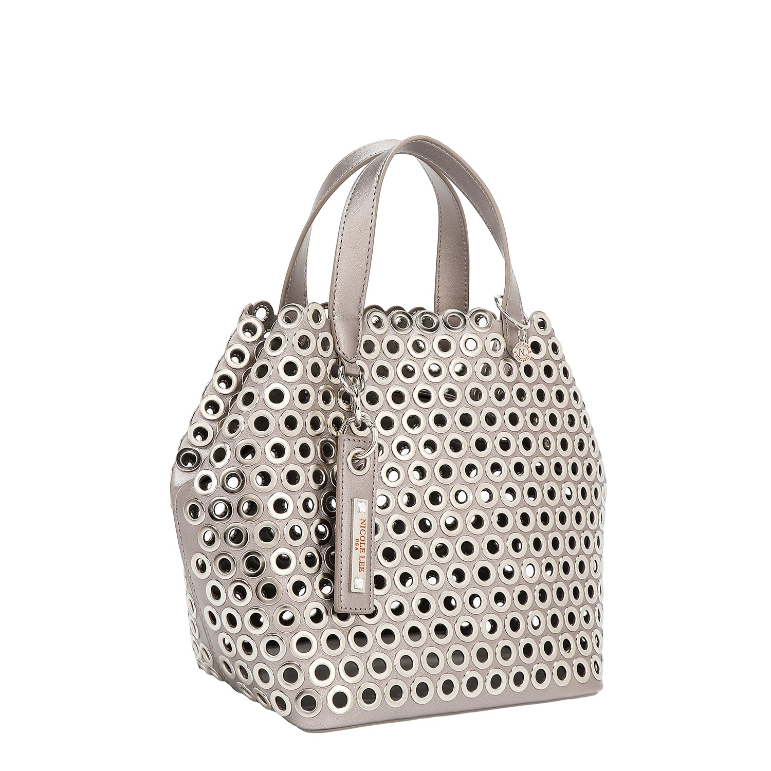 BOLSO SATCHEL CON BORDE DE OJALES (PLATA)