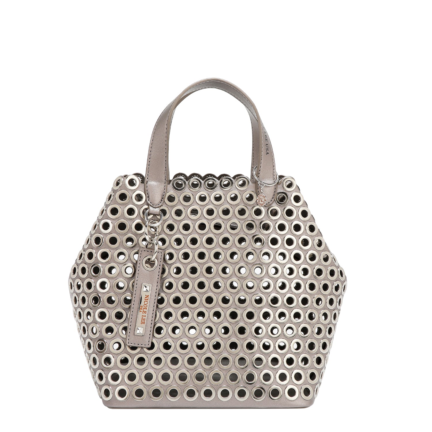 BOLSO SATCHEL CON BORDE DE OJALES (PLATA)
