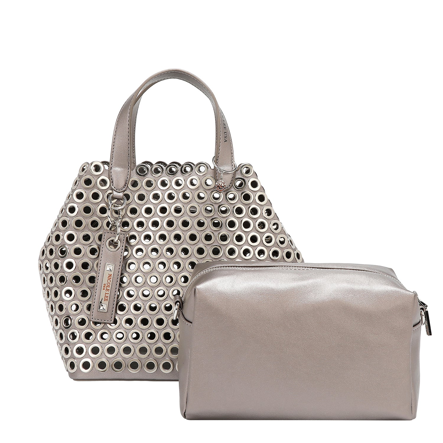 BOLSO SATCHEL CON BORDE DE OJALES (PLATA)