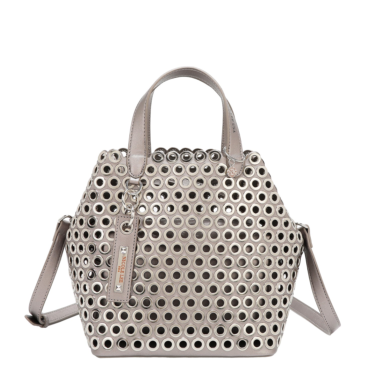 BOLSO SATCHEL CON BORDE DE OJALES (PLATA)