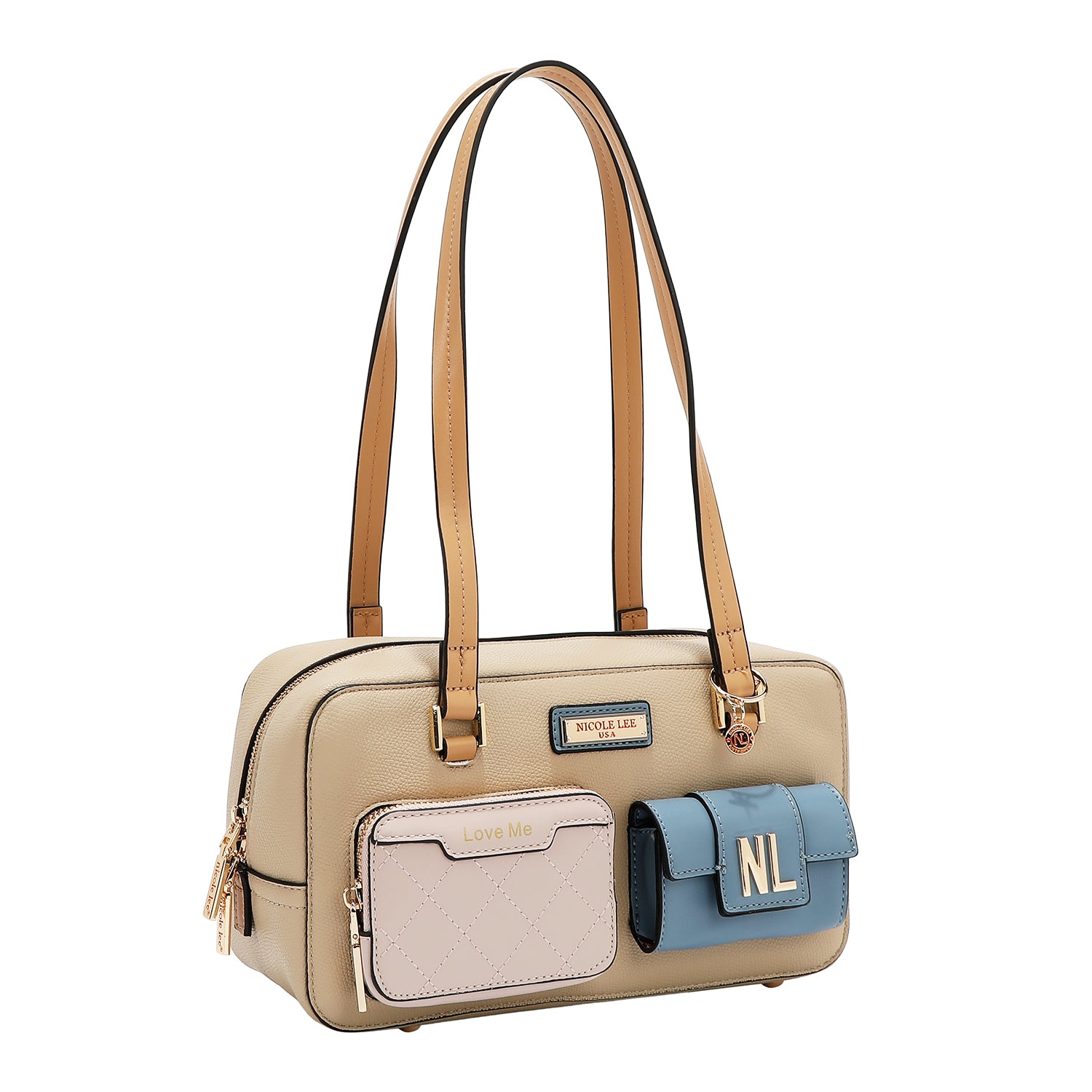 Shoulder bag with pocket and color blocks (Taupe)