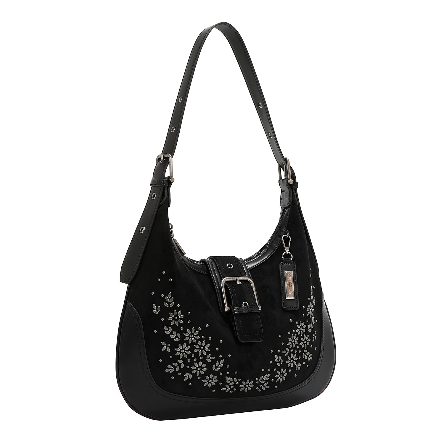 BOLSO DE HOMBRO CON DISEÑO FLORAL EN FORMA DE MEDIA LUNA (NEGRO)
