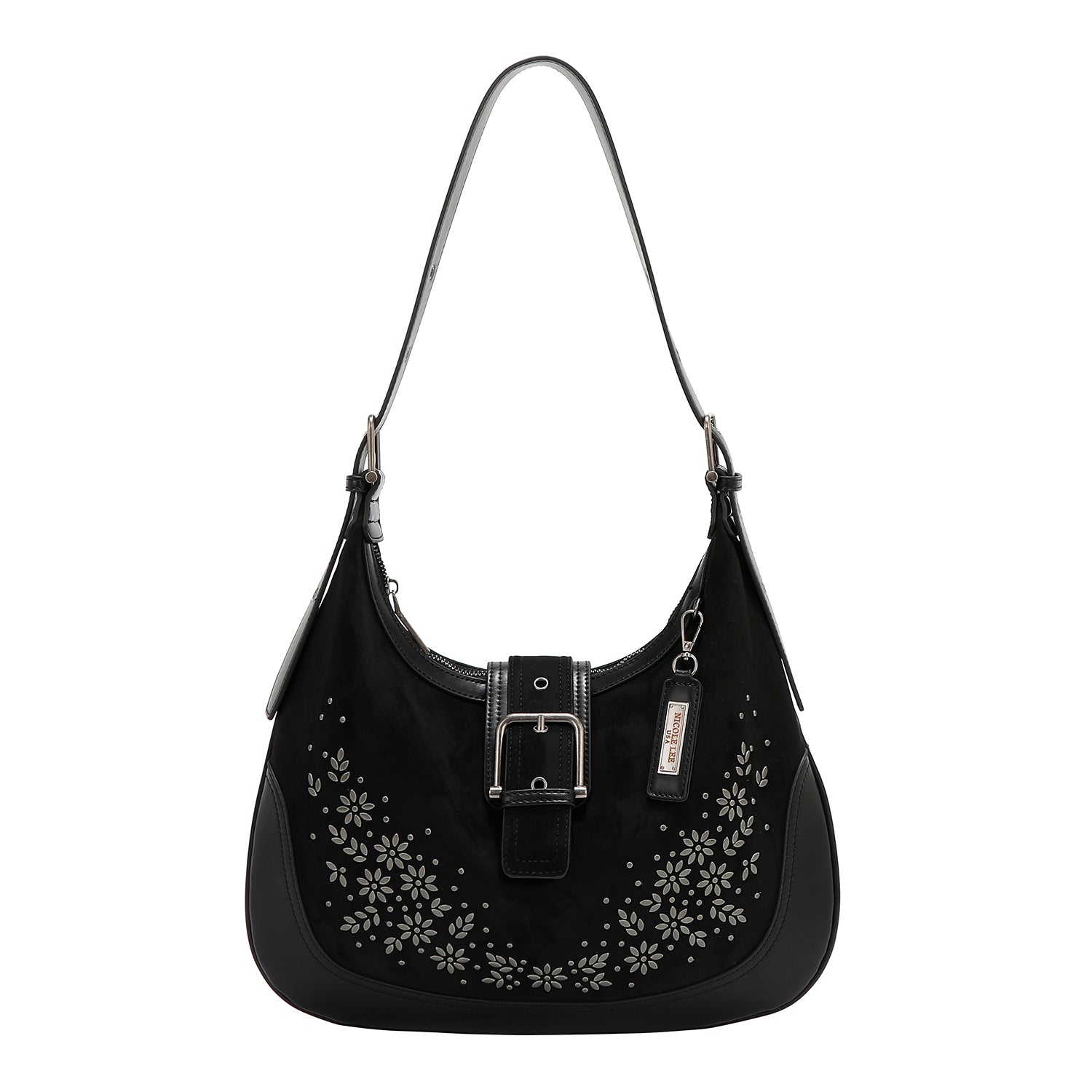 BOLSO DE HOMBRO CON DISEÑO FLORAL EN FORMA DE MEDIA LUNA (NEGRO)