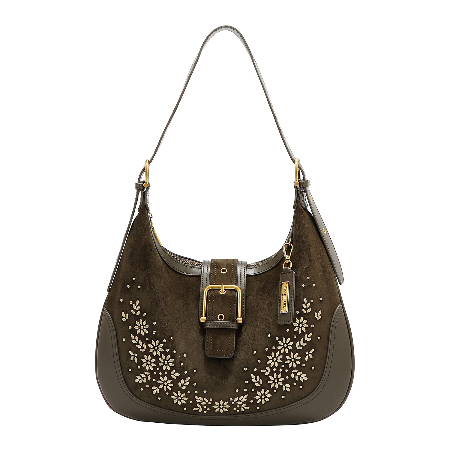 BOLSO DE HOMBRO CON DISEÑO FLORAL EN FORMA DE MEDIA LUNA (OLIVA)