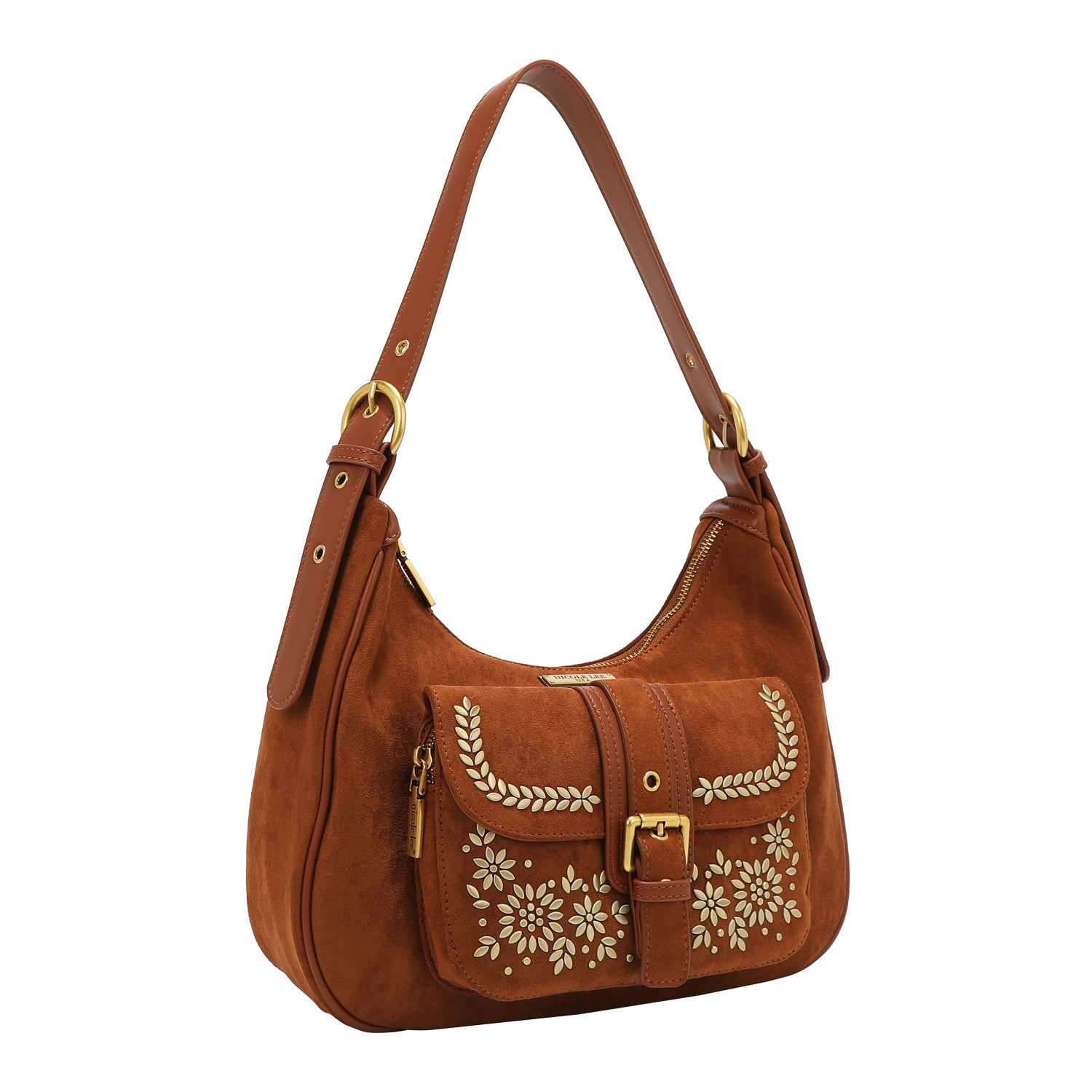 BOLSO DE HOMBRO CON DISEÑO FLORAL (MARRON)
