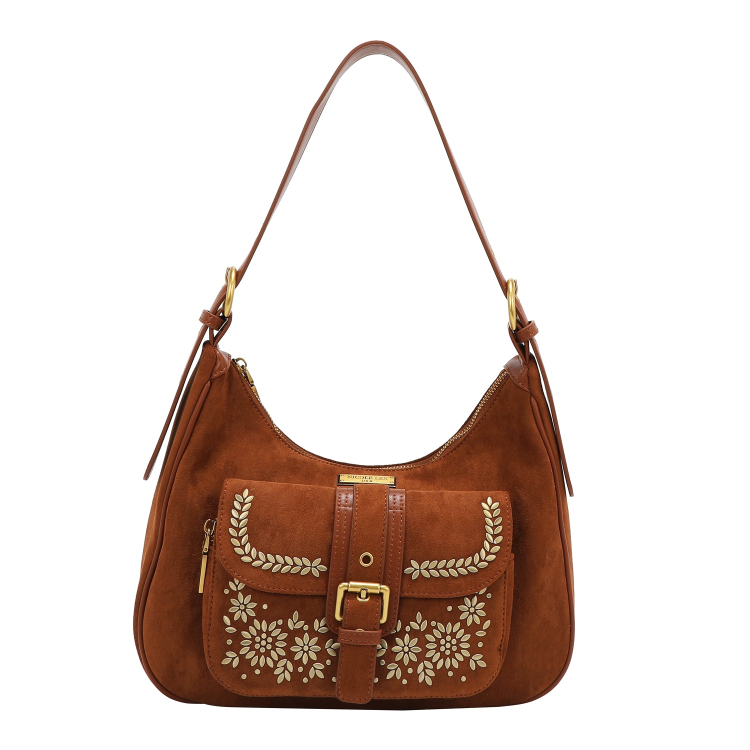 BOLSO DE HOMBRO CON DISEÑO FLORAL (MARRON)