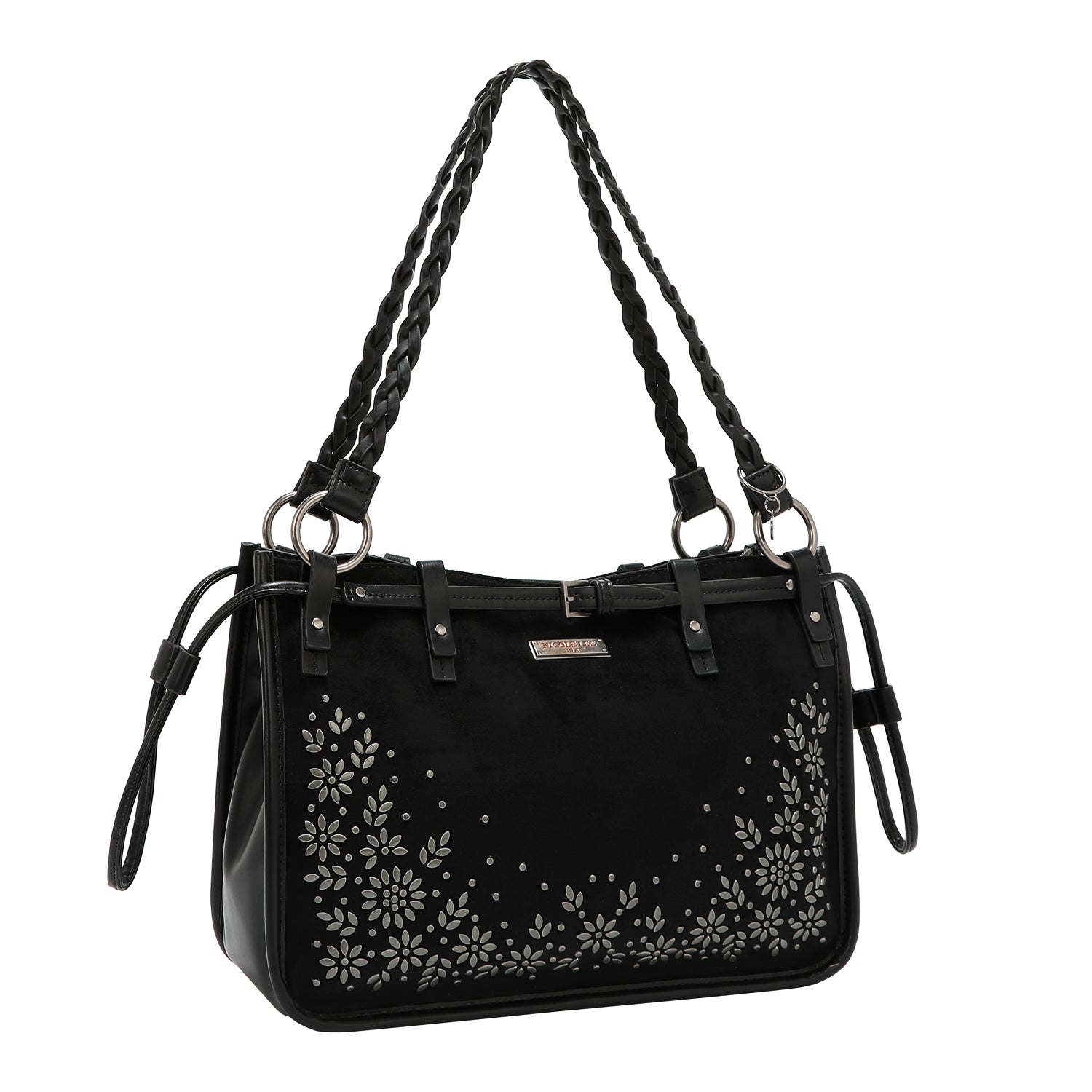 BOLSO DE MANO CON DISEÑO FLORAL (NEGRO)