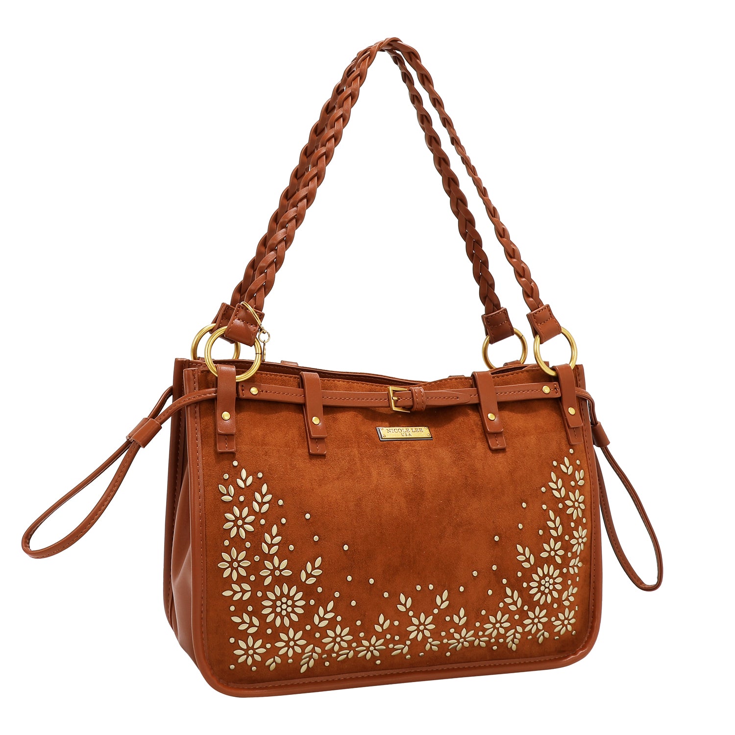 BOLSO DE MANO CON DISEÑO FLORAL (MARRON)
