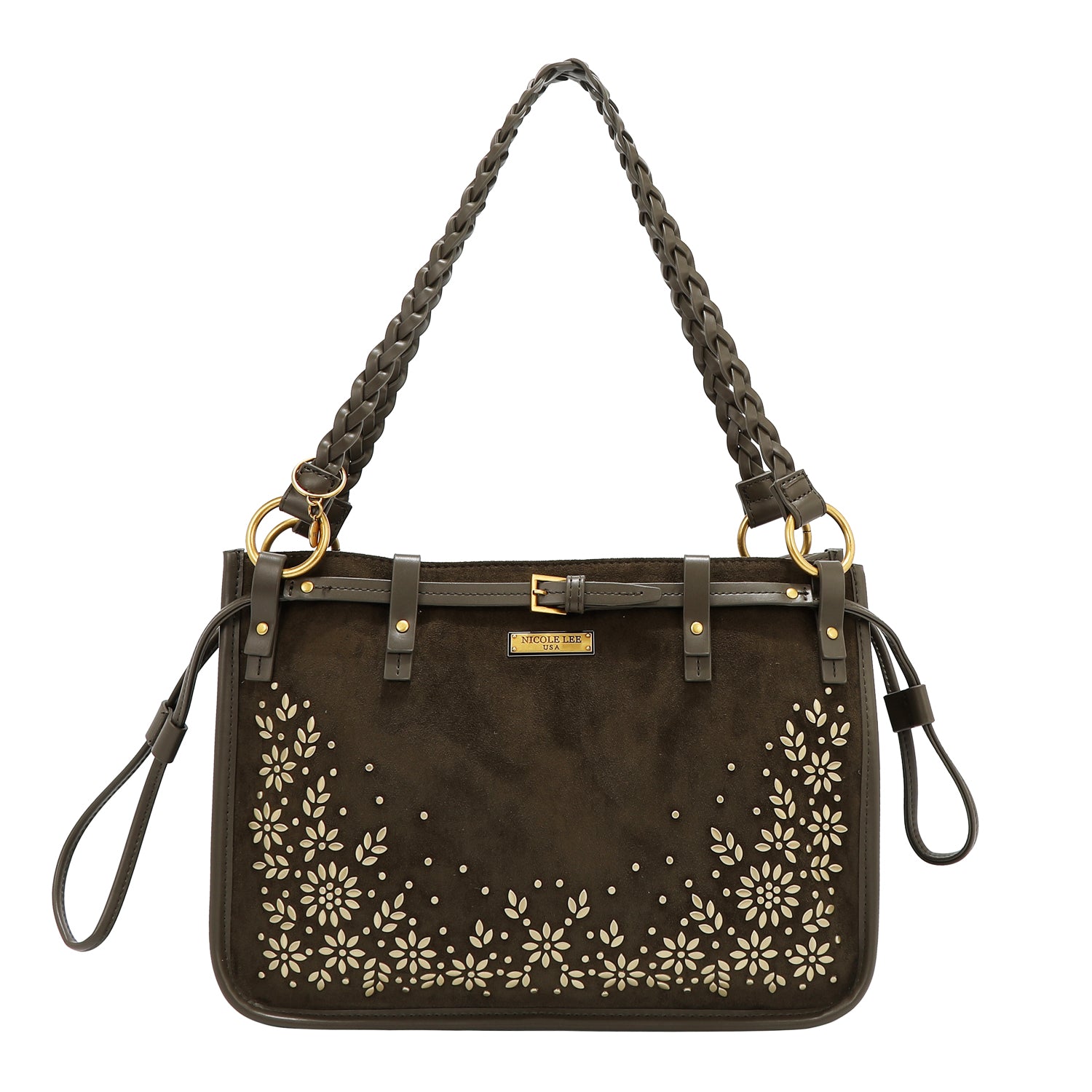 BOLSO DE MANO CON DISEÑO FLORAL (OLIVA)