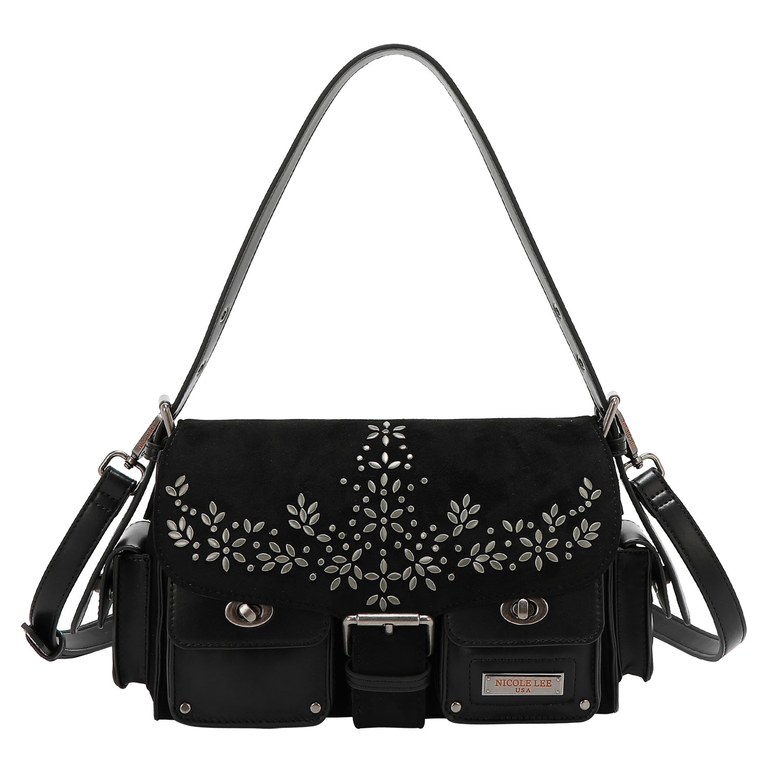 BOLSO DE MANO CON DISEÑO FLORAL (NEGRO)