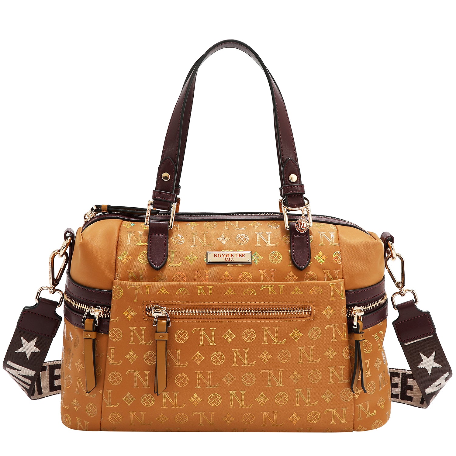 BOLSA SATCHEL COM LOGOTIPO MONOGRAMA (CAMEL)