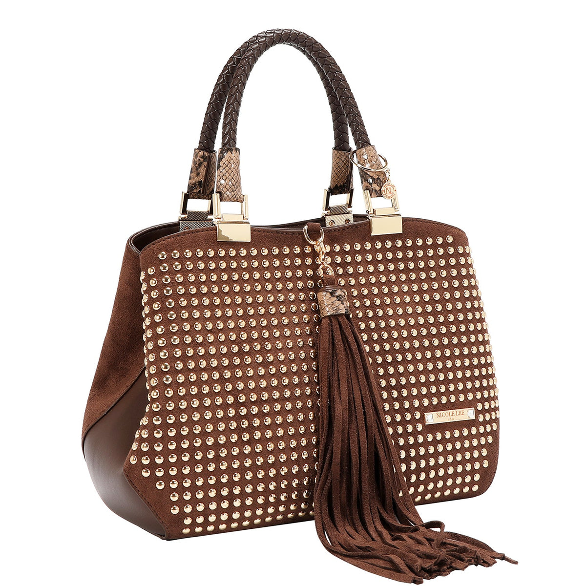BOLSO SATCHEL CON TACHUELAS (MARRON)