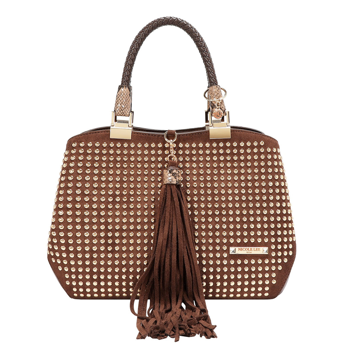 BOLSO SATCHEL CON TACHUELAS (MARRON)