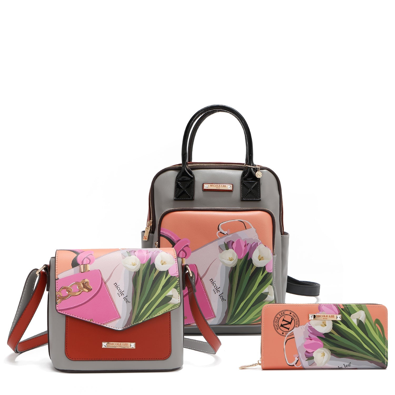 Violet Blossom 3 Piece Set with Backpack, Crossbody, Wallet