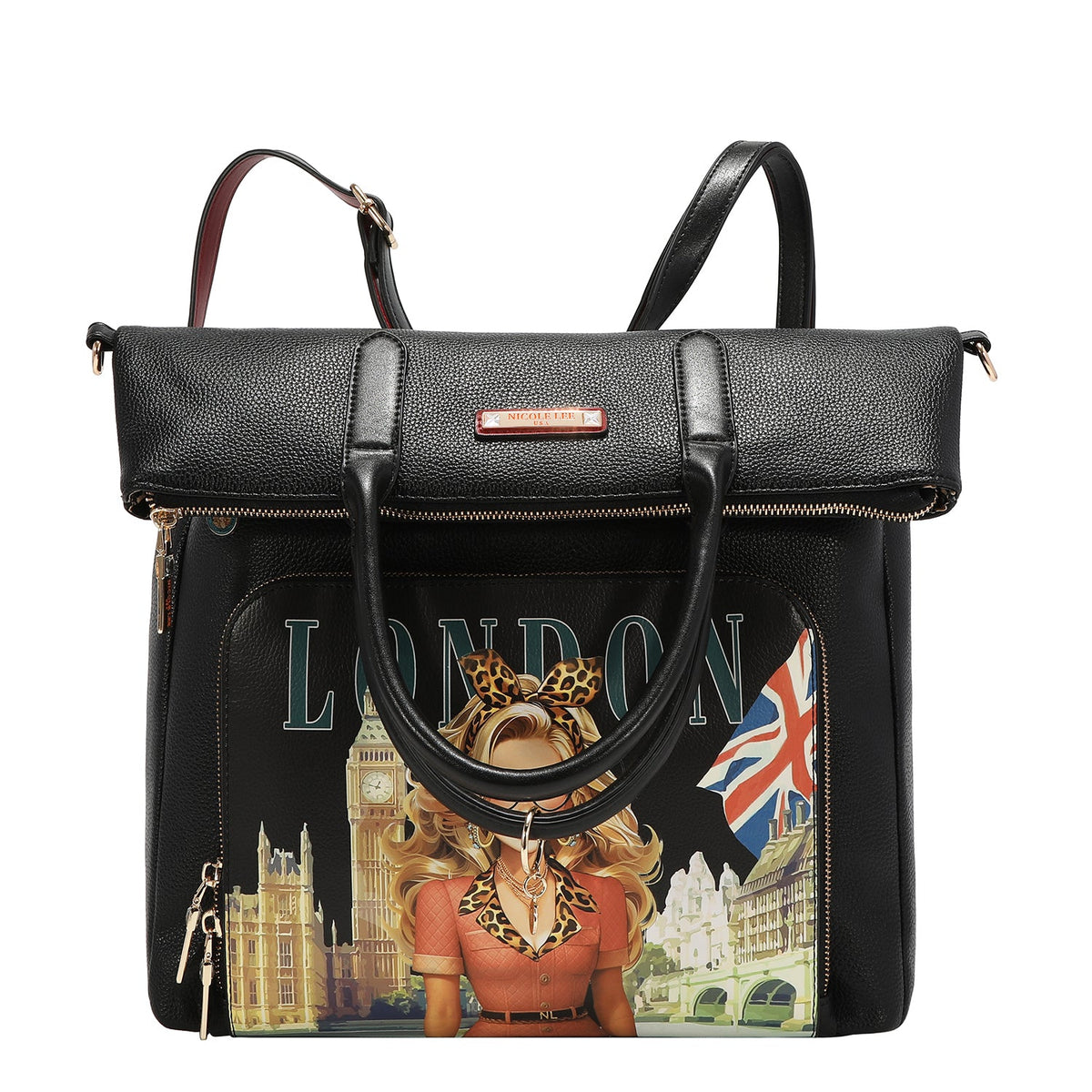 SET DA 5 PEZZI (ZAINO, BORSA A TRACOLLA, BORSA PER AGHI, BORSA E PORTA CARTE) (LONDON EYE - NERO)
