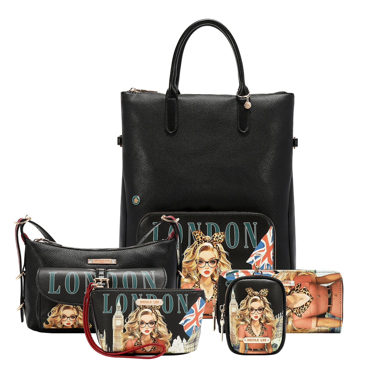 CONJUNTO DE 5 PIEZAS (MOCHILA, BANDOLERA, NECESER, MONEDERO Y TARJETERO) (LONDON EYE - NEGRO)