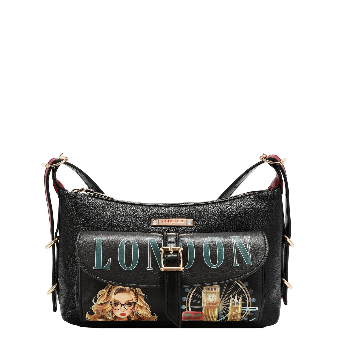 SET DA 5 PEZZI (ZAINO, BORSA A TRACOLLA, BORSA PER AGHI, BORSA E PORTA CARTE) (LONDON EYE - NERO)