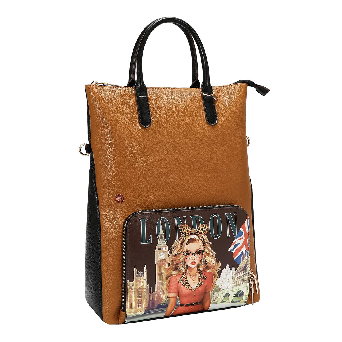 SET DA 5 PEZZI (ZAINO, BORSA A TRACOLLA, BORSA PER AGHI, BORSA E PORTA CARTE) (LONDON EYE MARRONE)