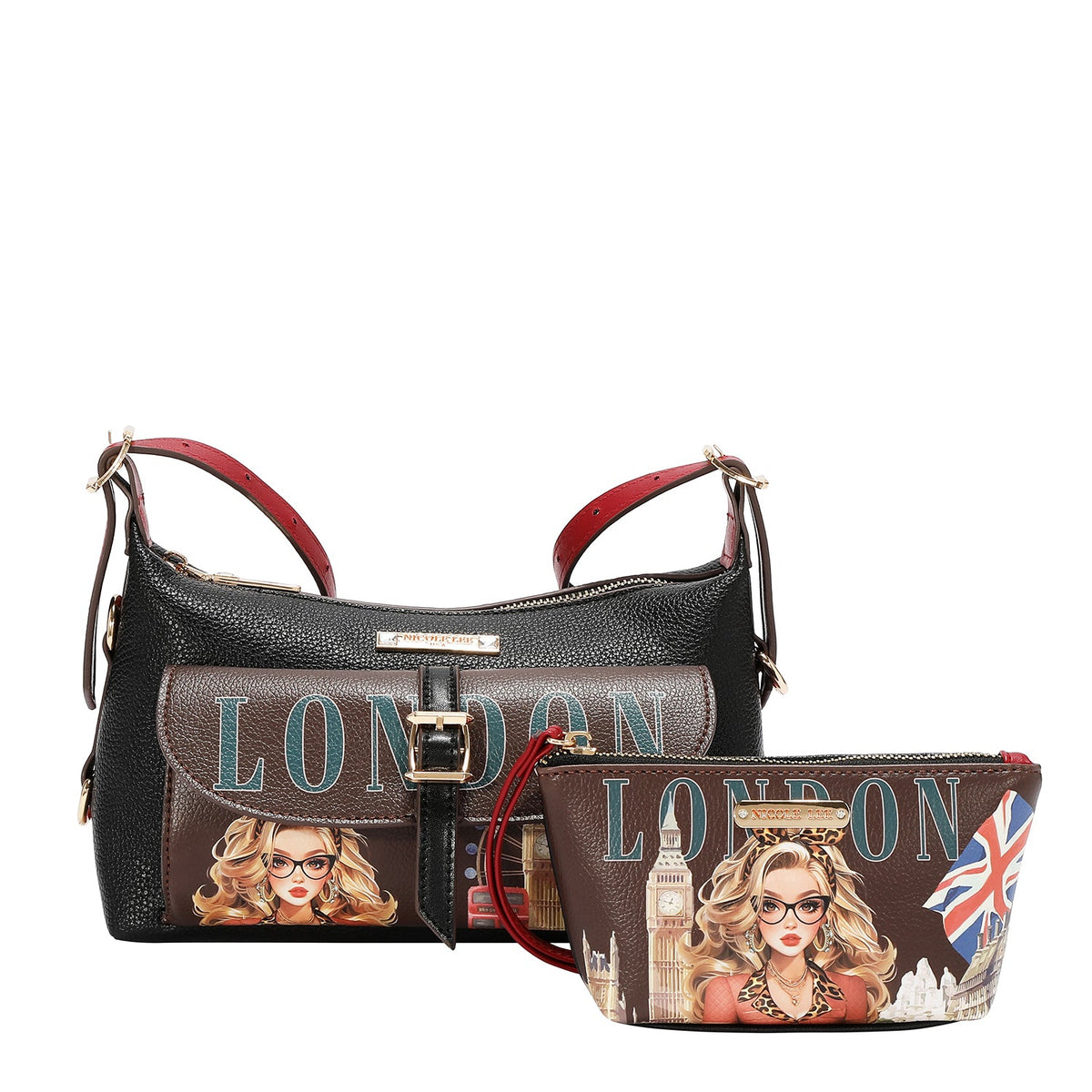SET DA 5 PEZZI (ZAINO, BORSA A TRACOLLA, BORSA PER AGHI, BORSA E PORTA CARTE) (LONDON EYE MARRONE)