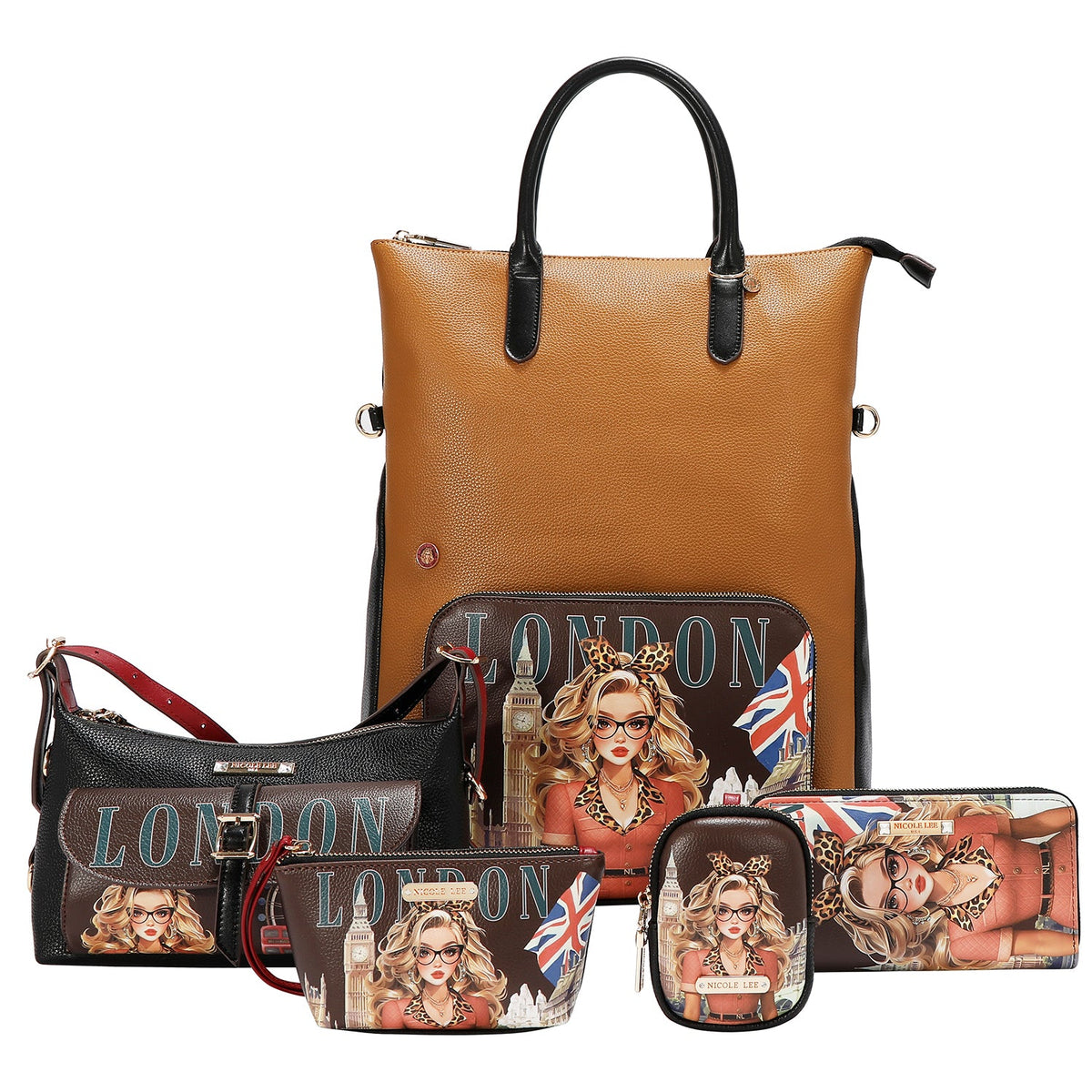 CONJUNTO DE 5 PIEZAS (MOCHILA, BANDOLERA, NECESER, MONEDERO Y TARJETERO) (LONDON EYE BROWN)